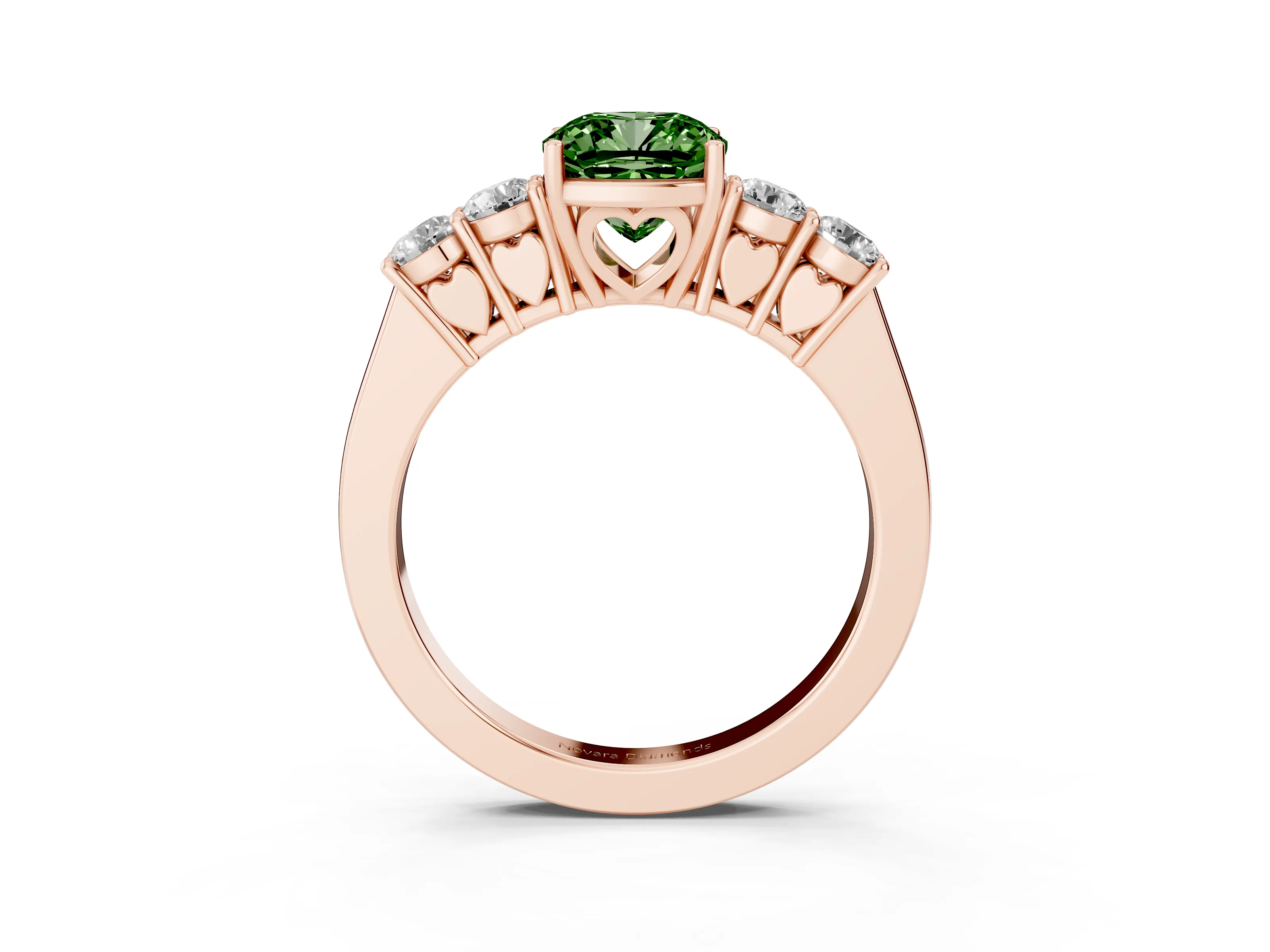 Fancy Green Cushion Cut Diamond Five-Stone Prong Set Band Ring Set in Rose gold with Polished Band