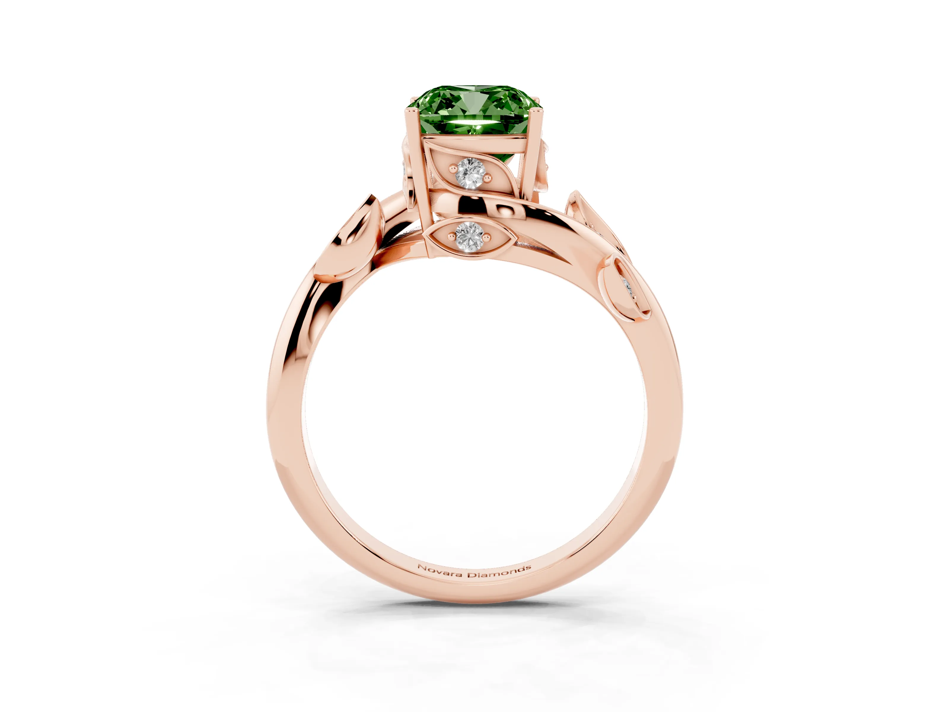 Fancy Green Cushion Cut Diamond Solitaire Twist Engagement Ring Set in Rose gold with Pavé Leaf Accents