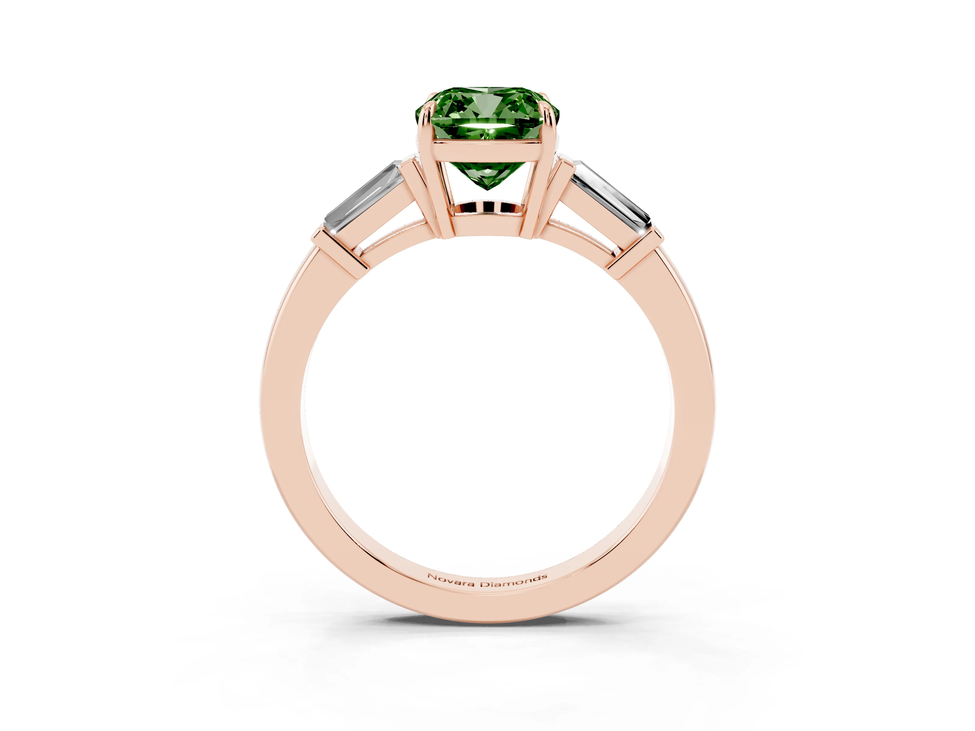 Fancy Green Cushion Cut Diamond Three-Stone Ring Set in Rose gold with Tapered Baguette Side Stones and Prong Setting