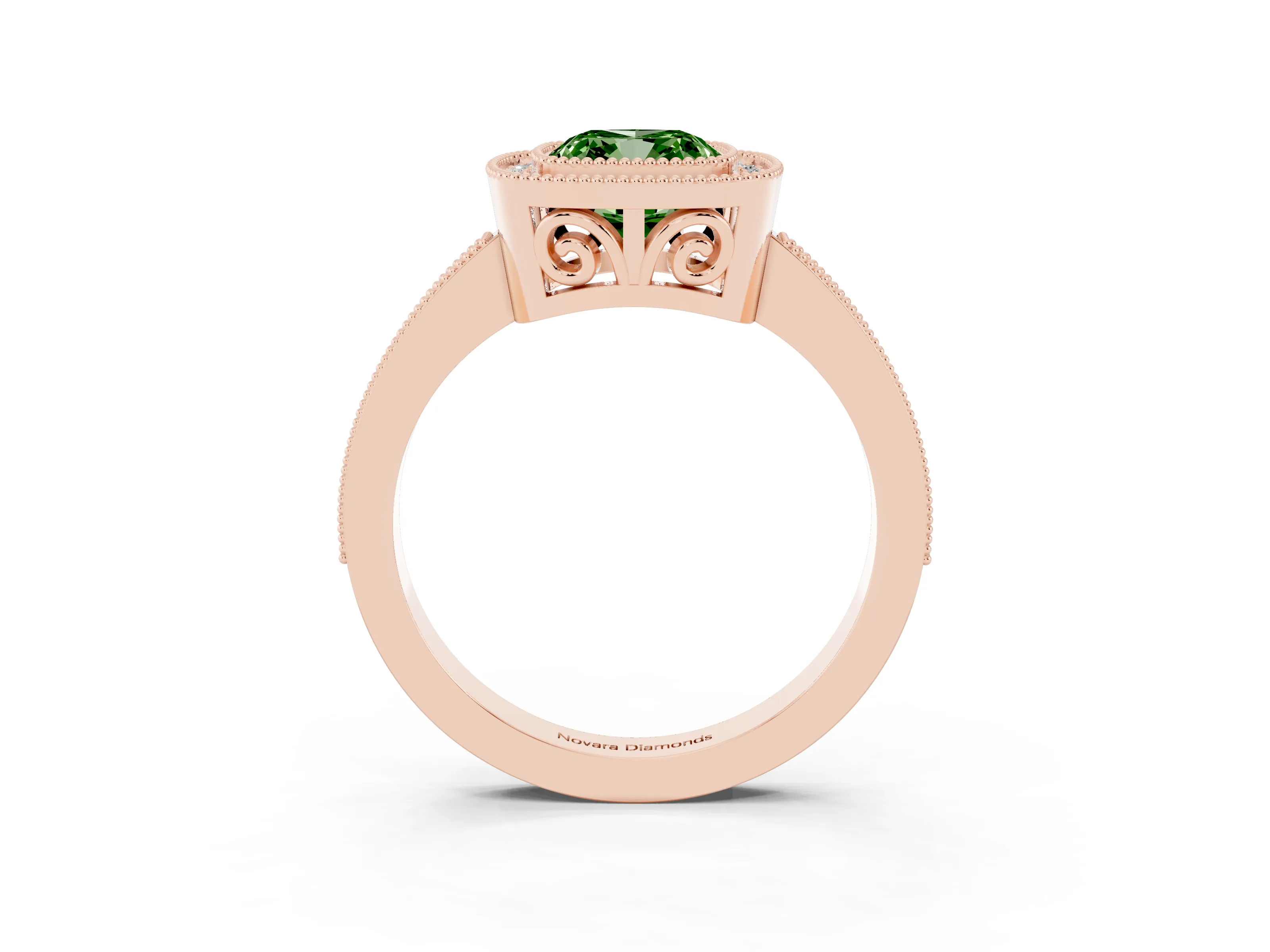 Fancy Green Cushion Cut Diamond Round Halo Ring Set in Rose gold with Pavé Band