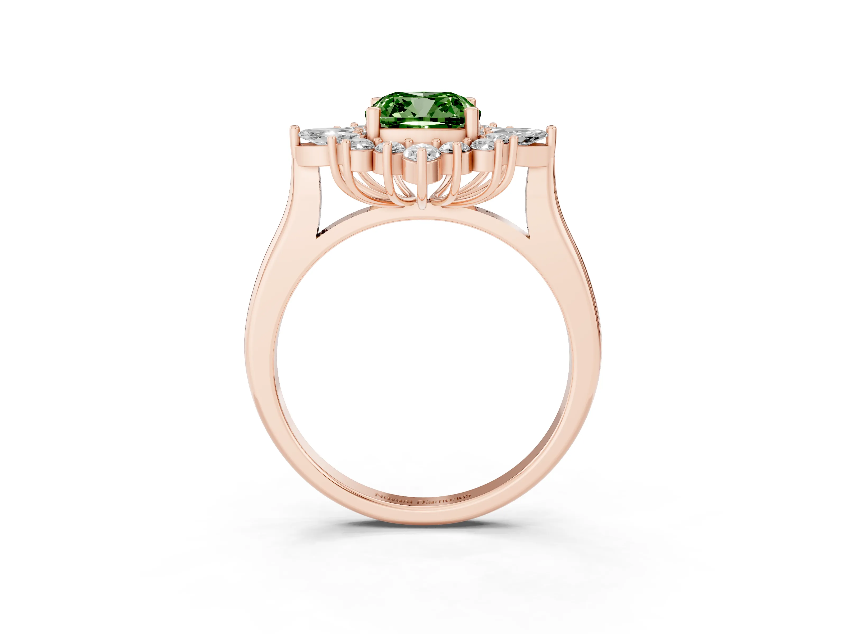 Fancy Green Cushion Cut Diamond Cluster Halo Ring Set in Rose gold with Marquise and Round Accents