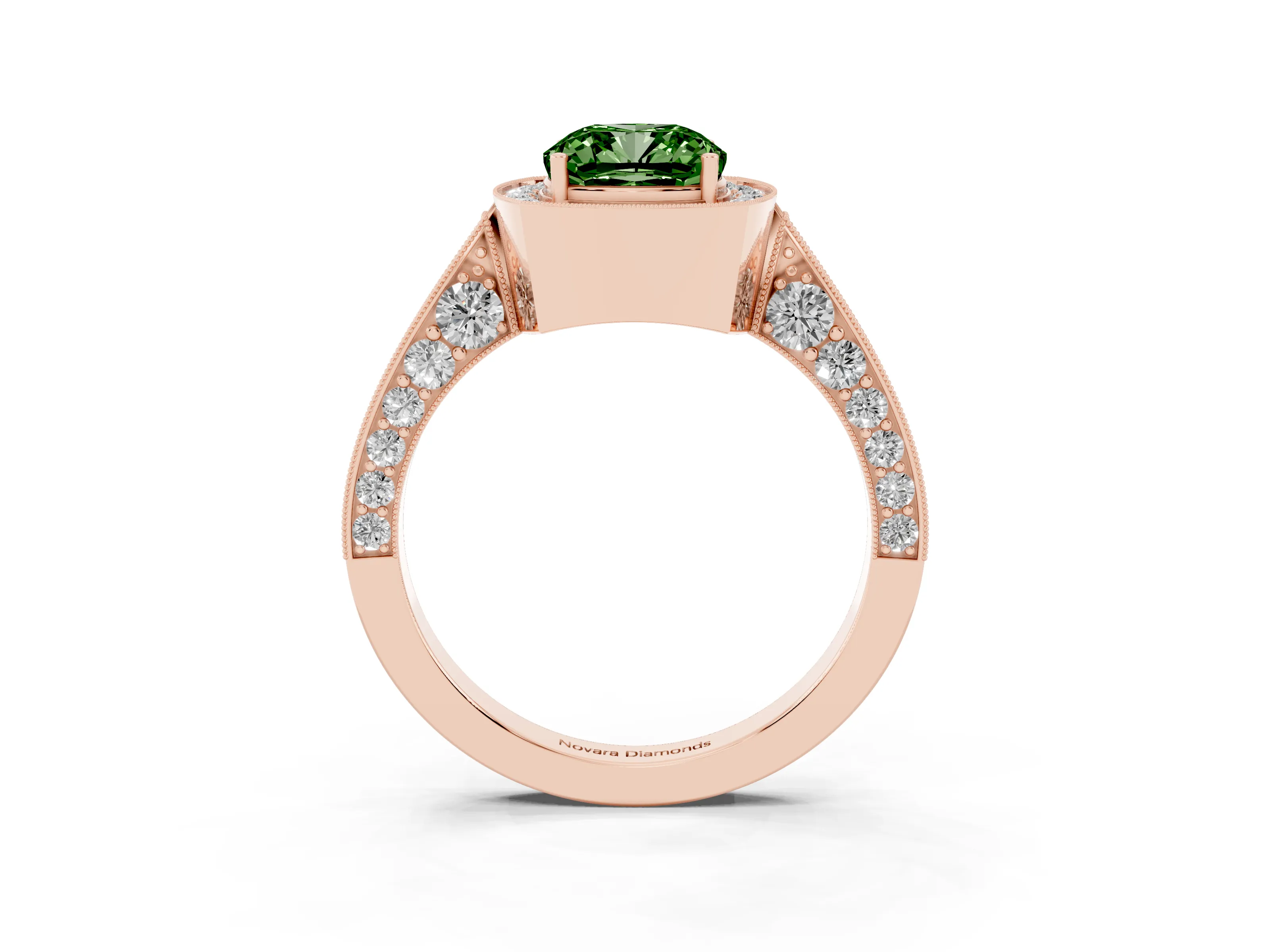 Fancy Green Cushion Cut Diamond Halo Engagement Ring Set in Rose gold with Accent Split Shank Band