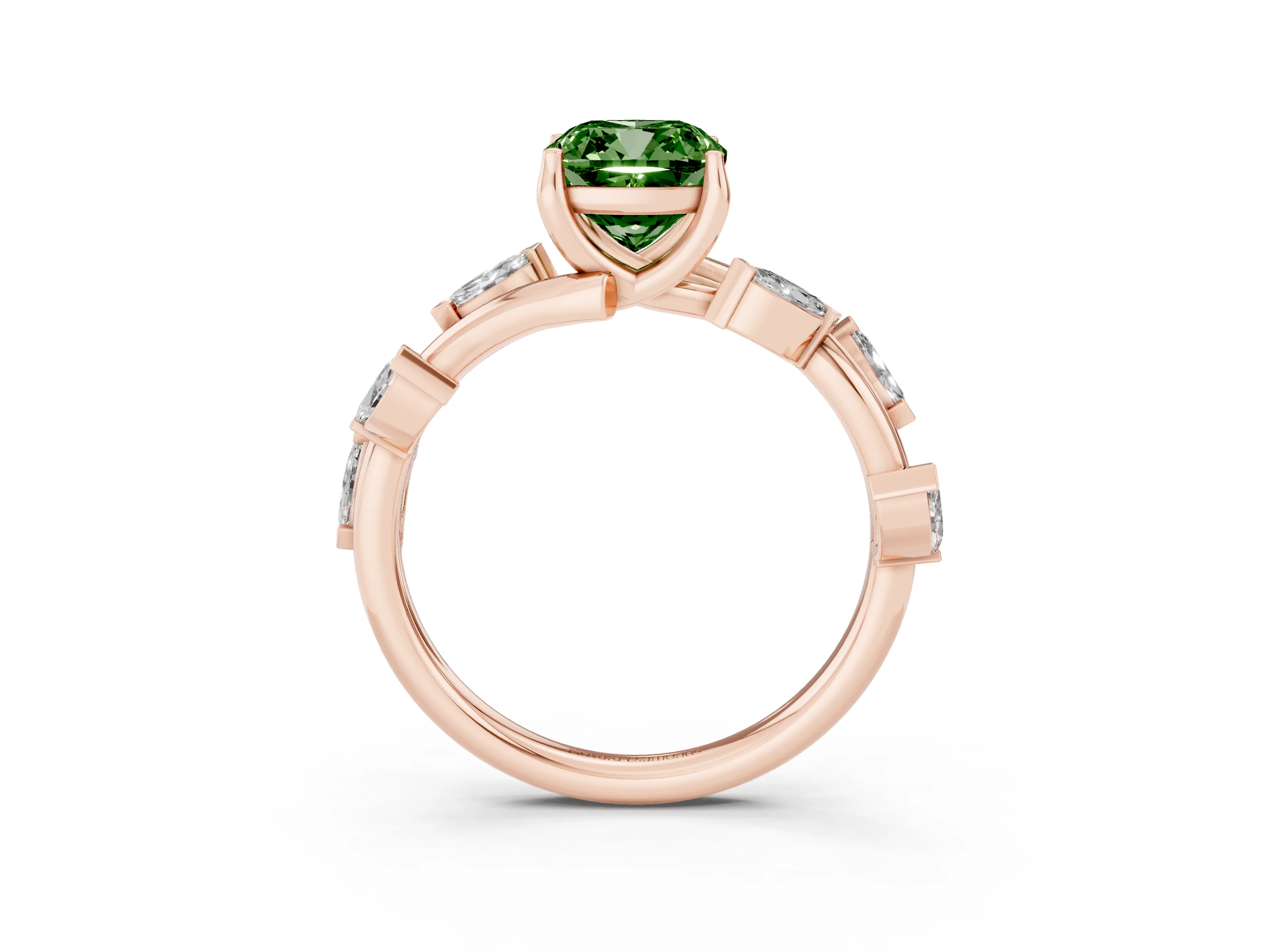 Fancy Green Cushion Cut Diamond Solitaire Ring Set in Rose gold with Twisted Marquise Accent Band