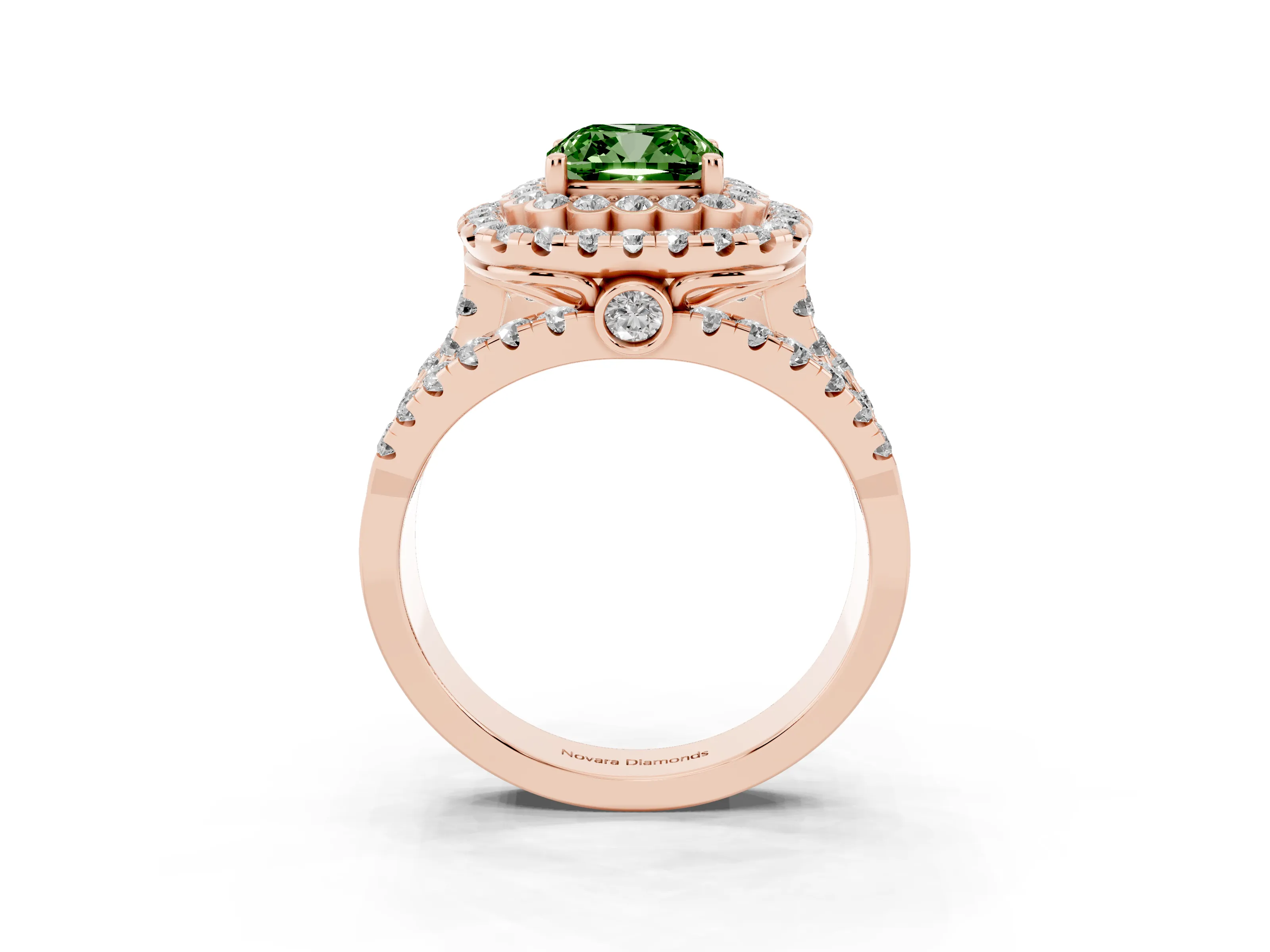 Fancy Green Cushion Cut Diamond Double Halo Ring Set in Rose gold with Round Pavé Split Shank