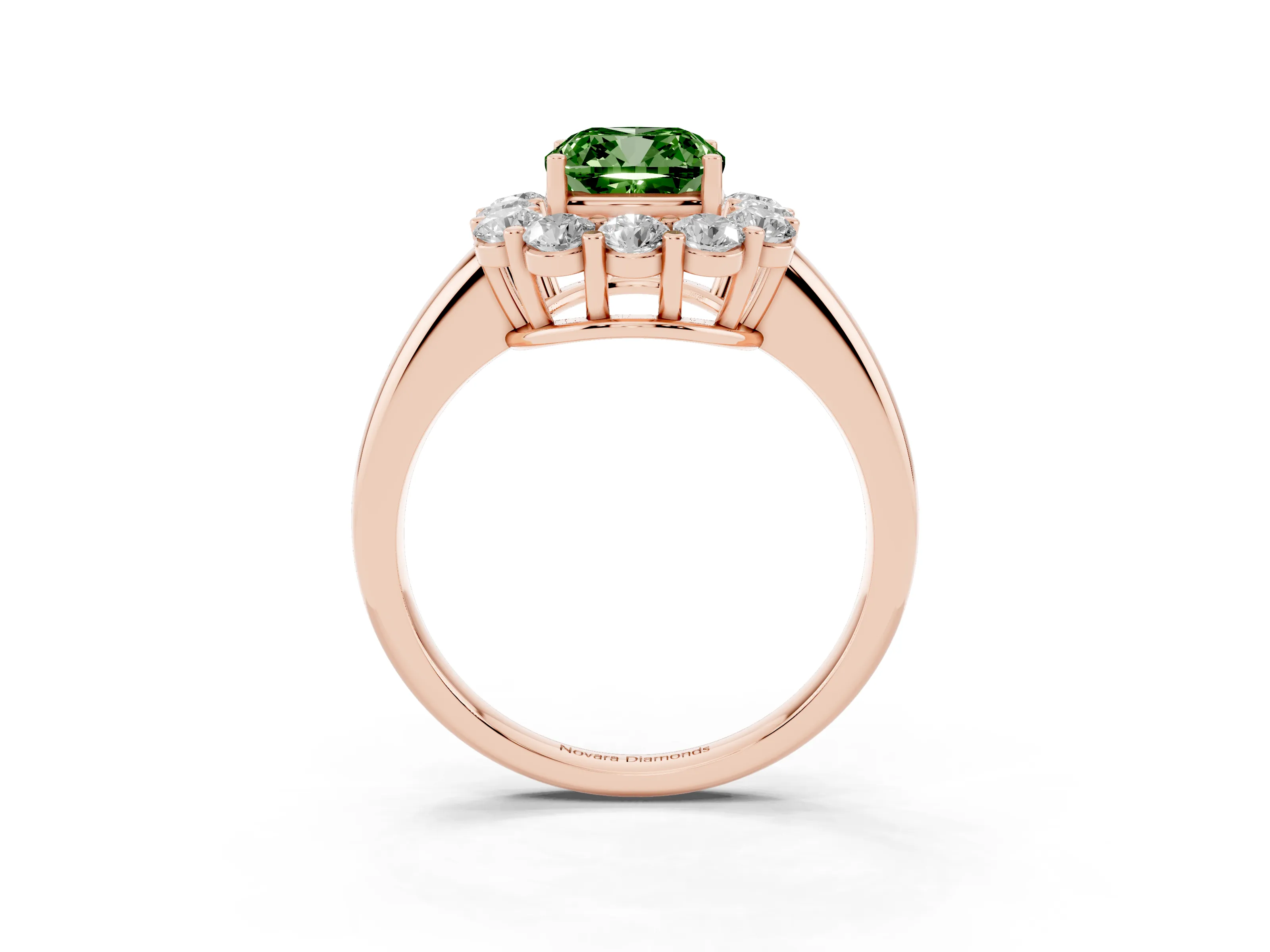 Fancy Green Cushion Cut Diamond Halo Cluster Engagement Ring Set in Rose gold with Polished Band and Prong Setting