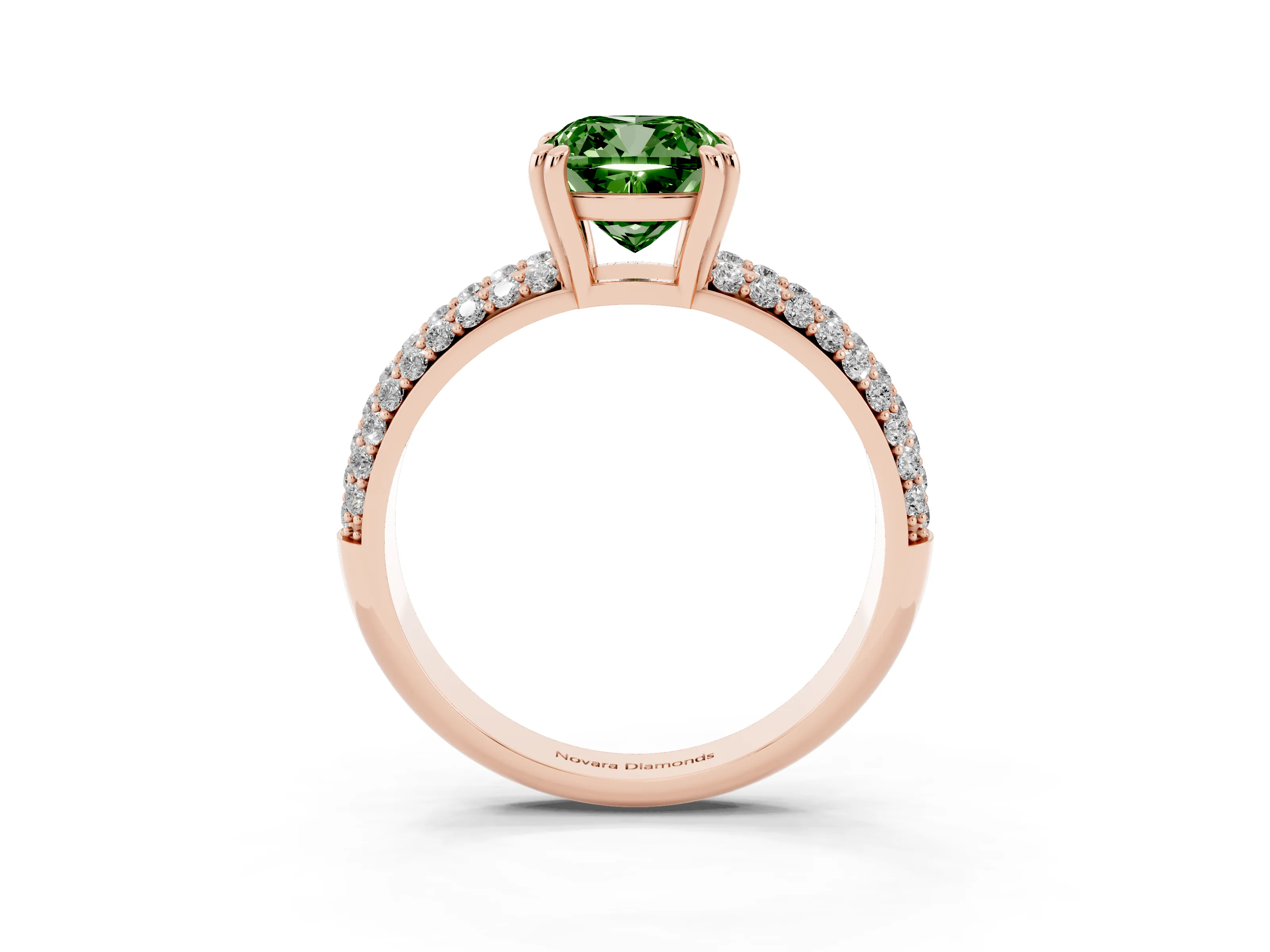 Fancy Green Cushion Cut Diamond Solitaire Ring Set in Rose gold with Multi-Row Round Pavé Band and Prong Setting