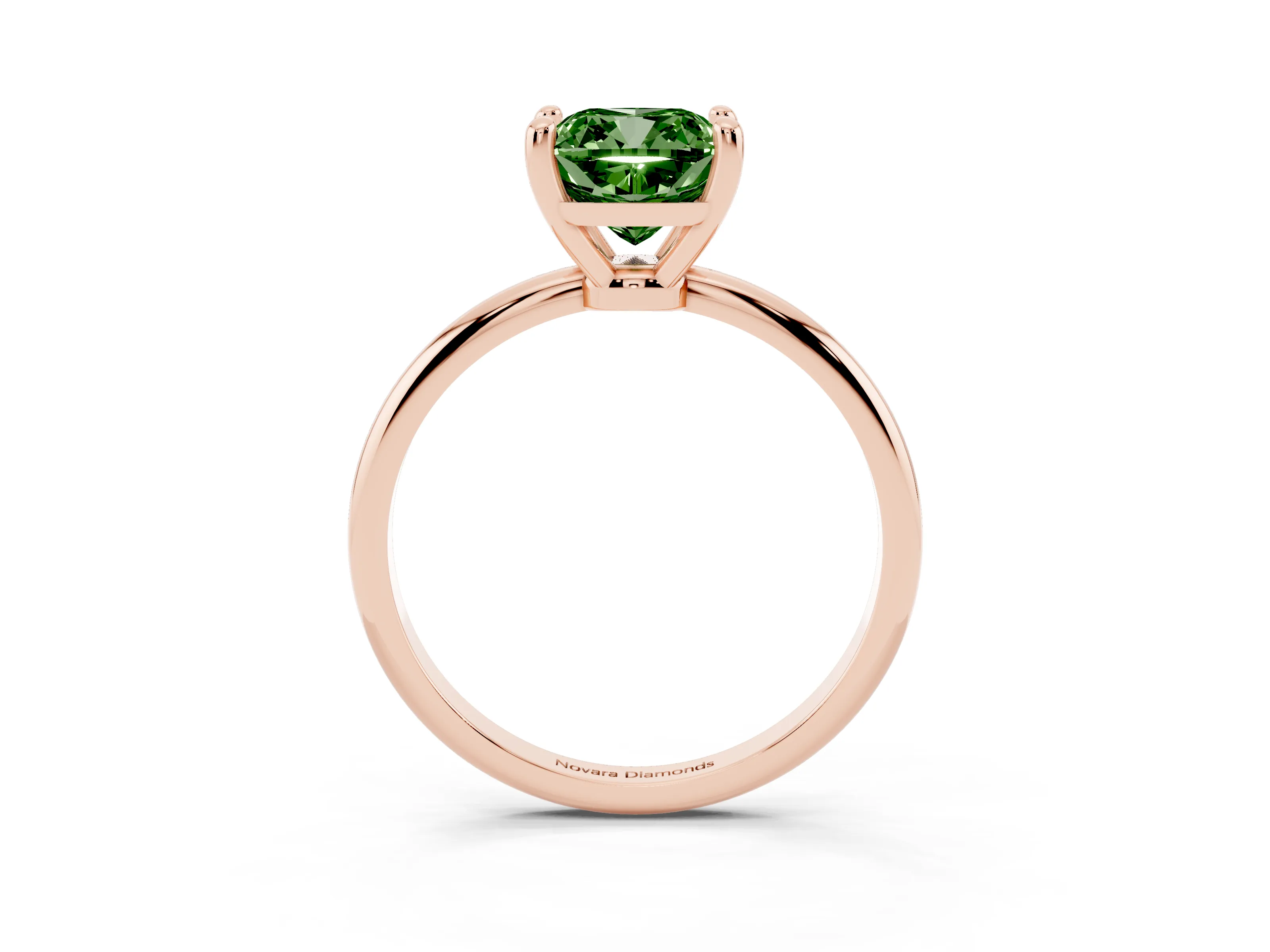 Fancy Green Cushion Cut Diamond Solitaire Ring Set in Rose gold with Secure Prong Setting on a Classic Band