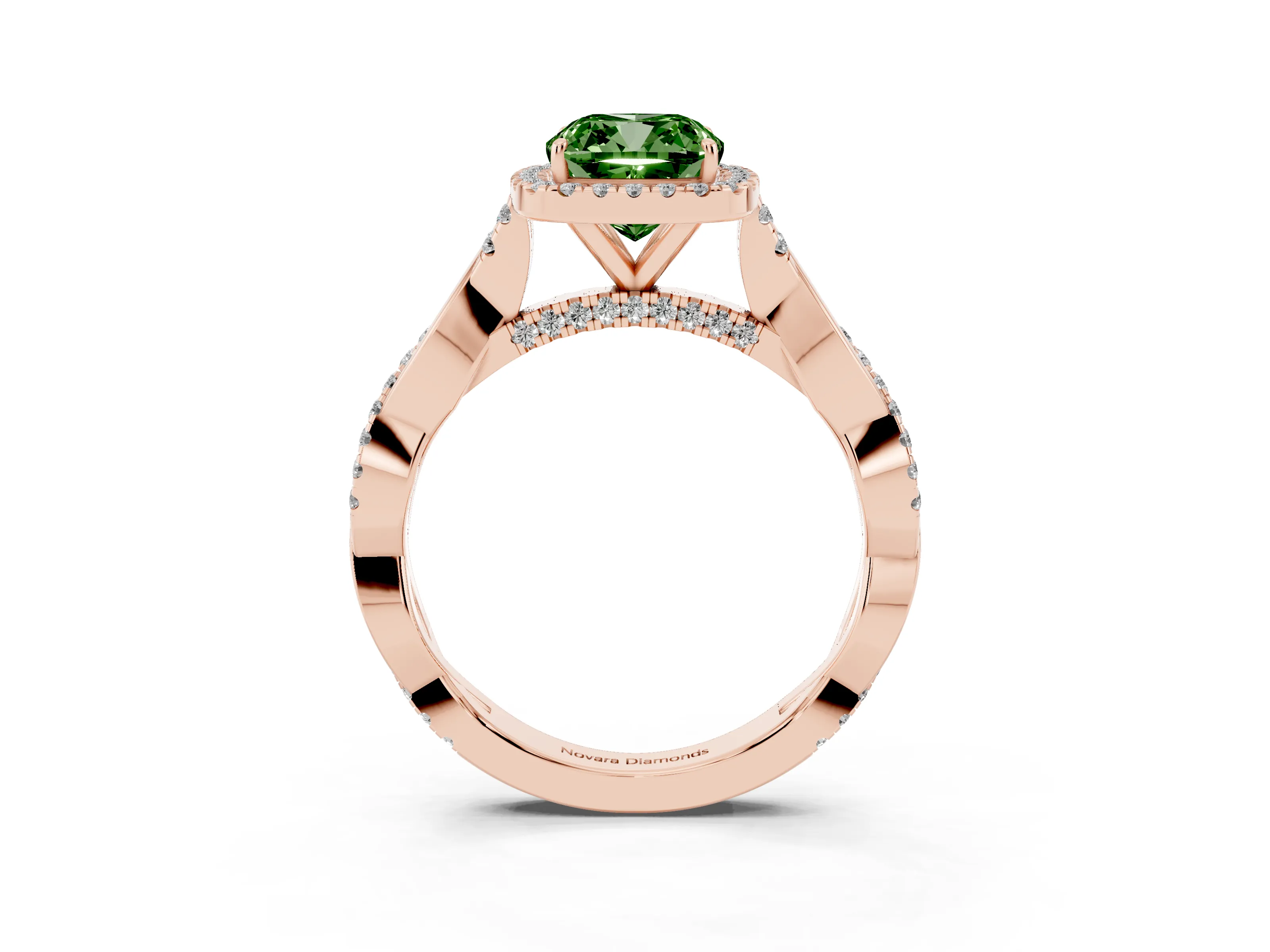 Fancy Green Cushion Cut Diamond Halo Twist Band Solitaire Ring Set in Rose gold with Prong Setting