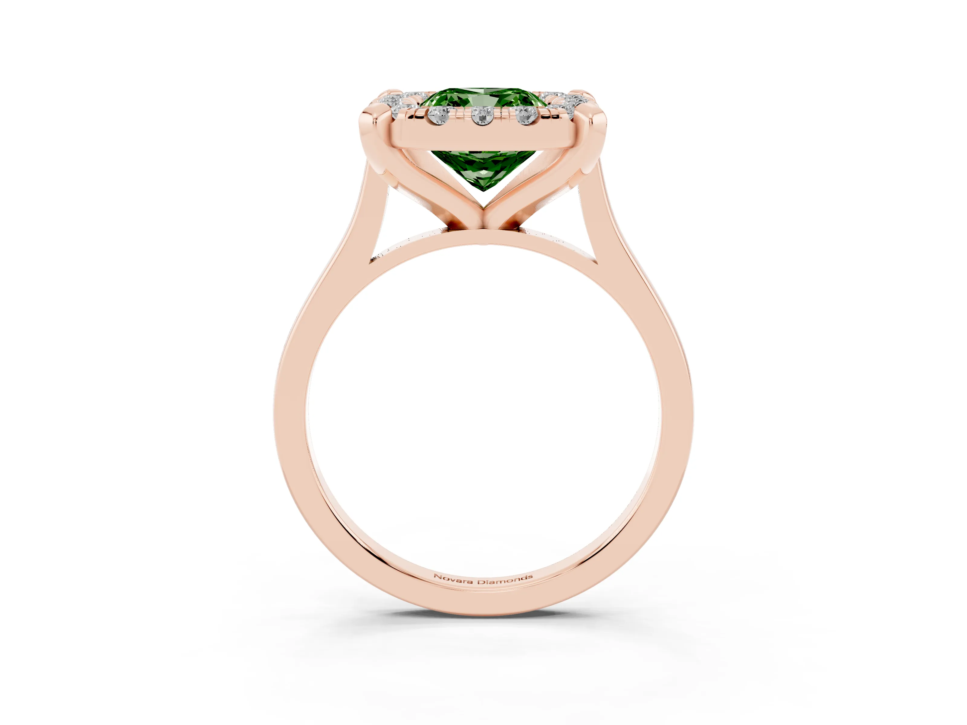 Fancy Green Cushion Cut Diamond Cluster Halo Solitaire Ring Set in Rose gold with Prong Setting