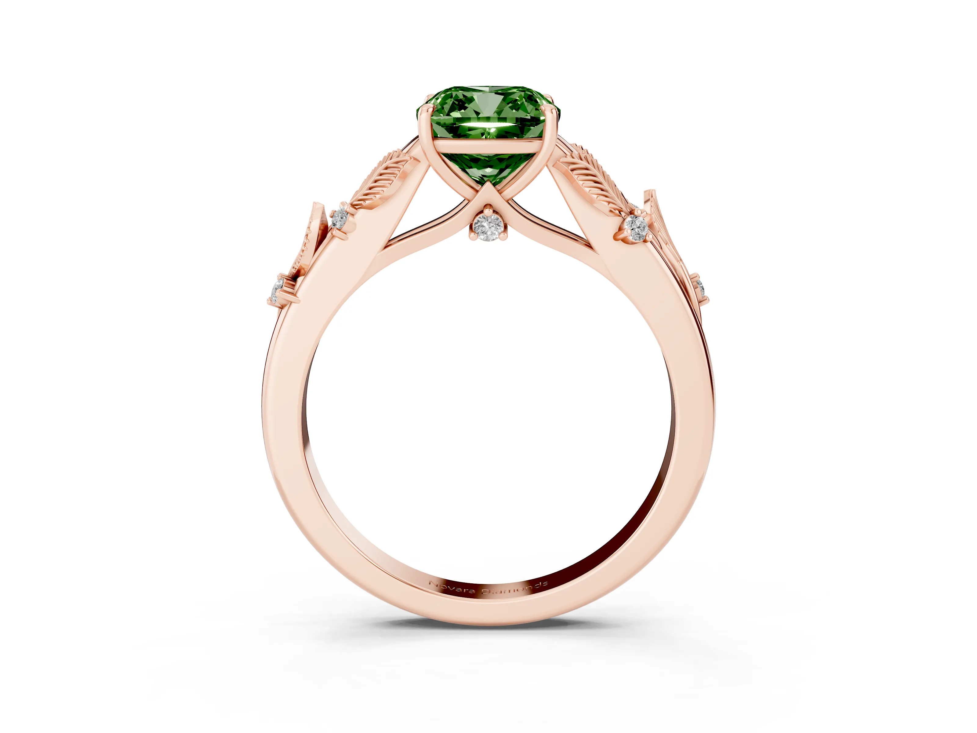Fancy Green Cushion Cut Diamond Solitaire Ring Set in Rose gold with Leaf Motif Band