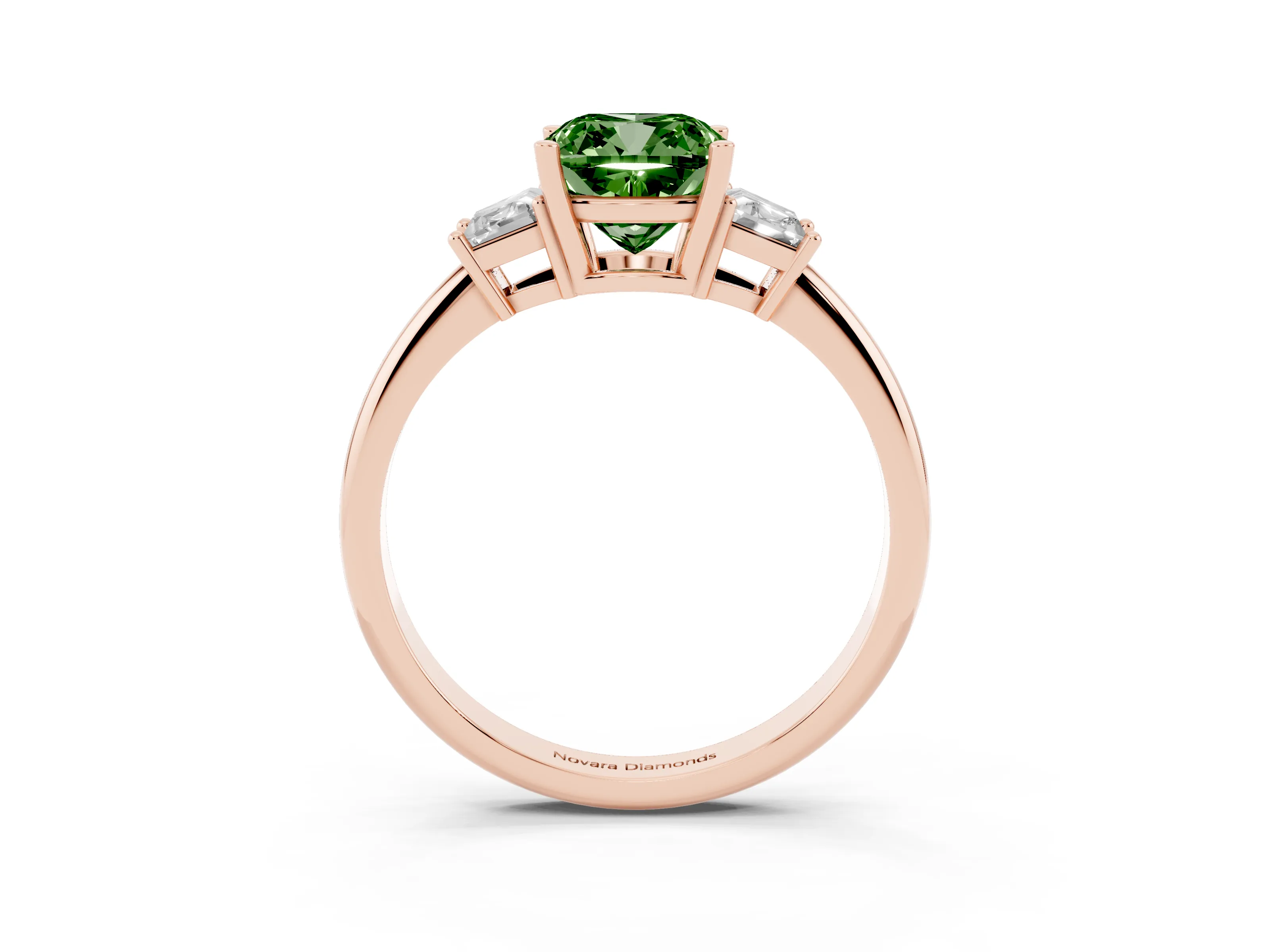 Fancy Green Cushion Cut Diamond Three-Stone Ring Set in Rose gold with Trapezoid Side Stones and Prong Setting
