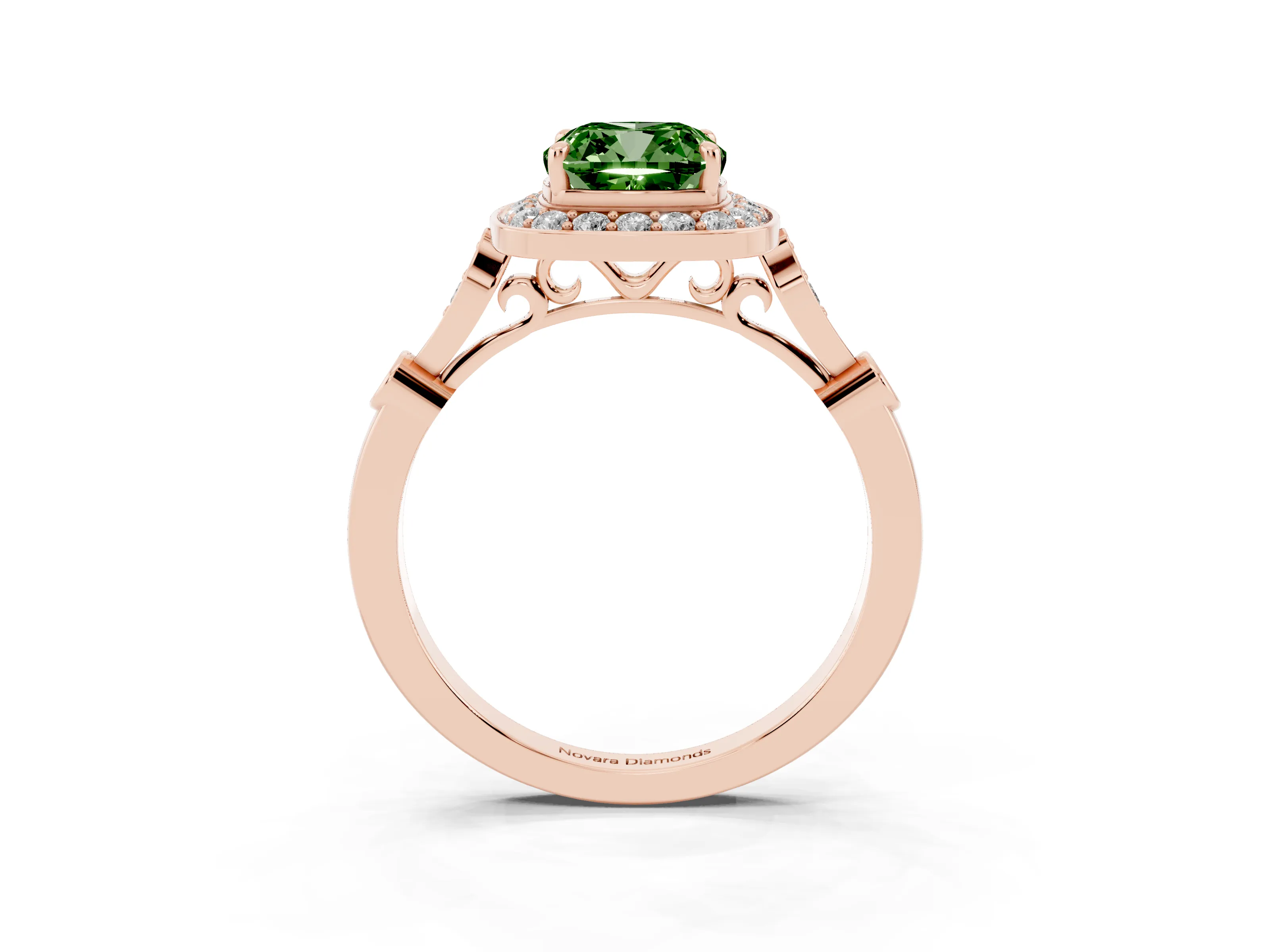 Fancy Green Cushion Cut Diamond Halo Engagement Ring Set in Rose gold with Twisted Band and Prong Setting