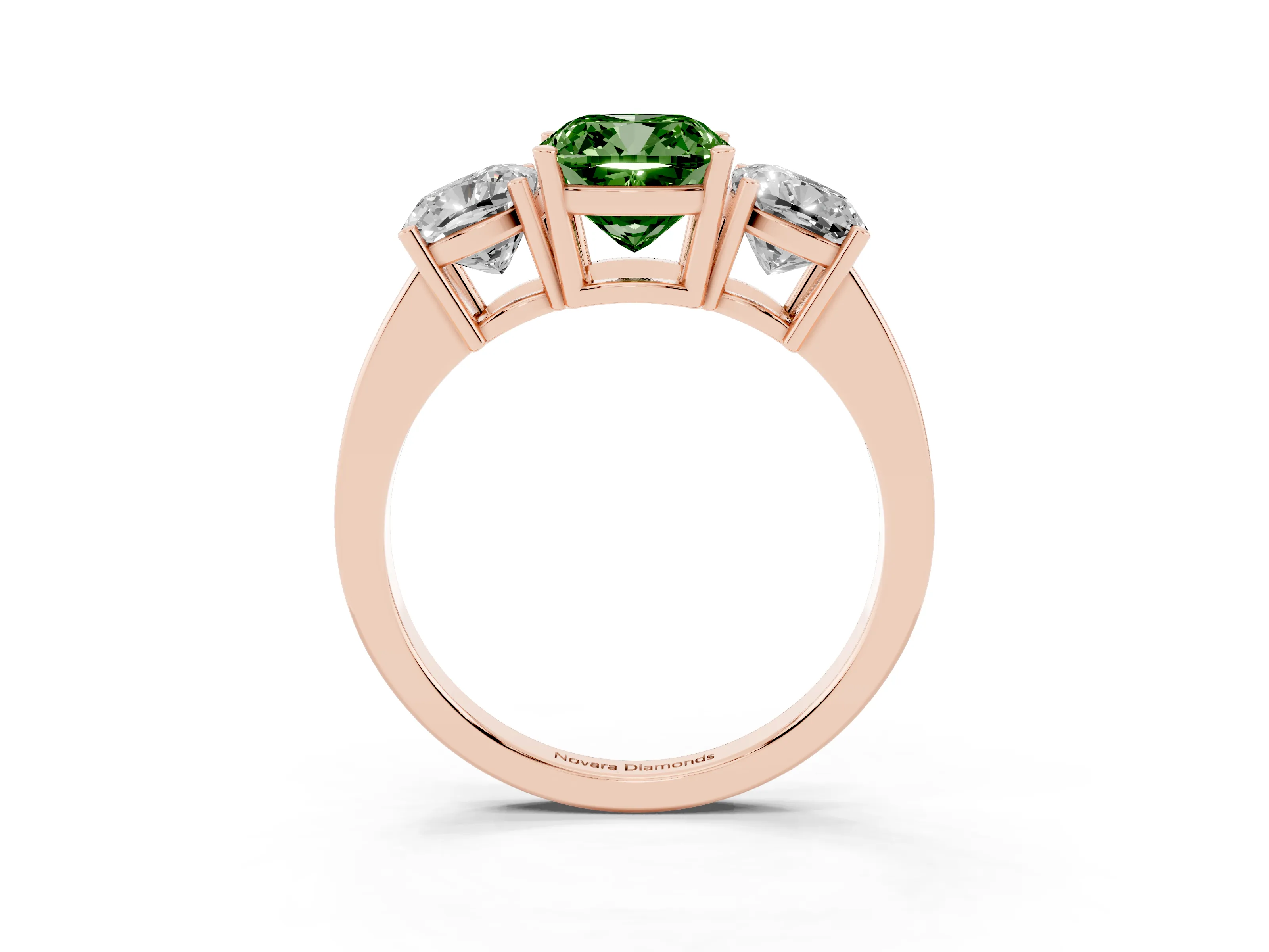 Fancy Green Cushion Cut Diamond Three-Stone Engagement Ring Set in Rose gold with Flat Band