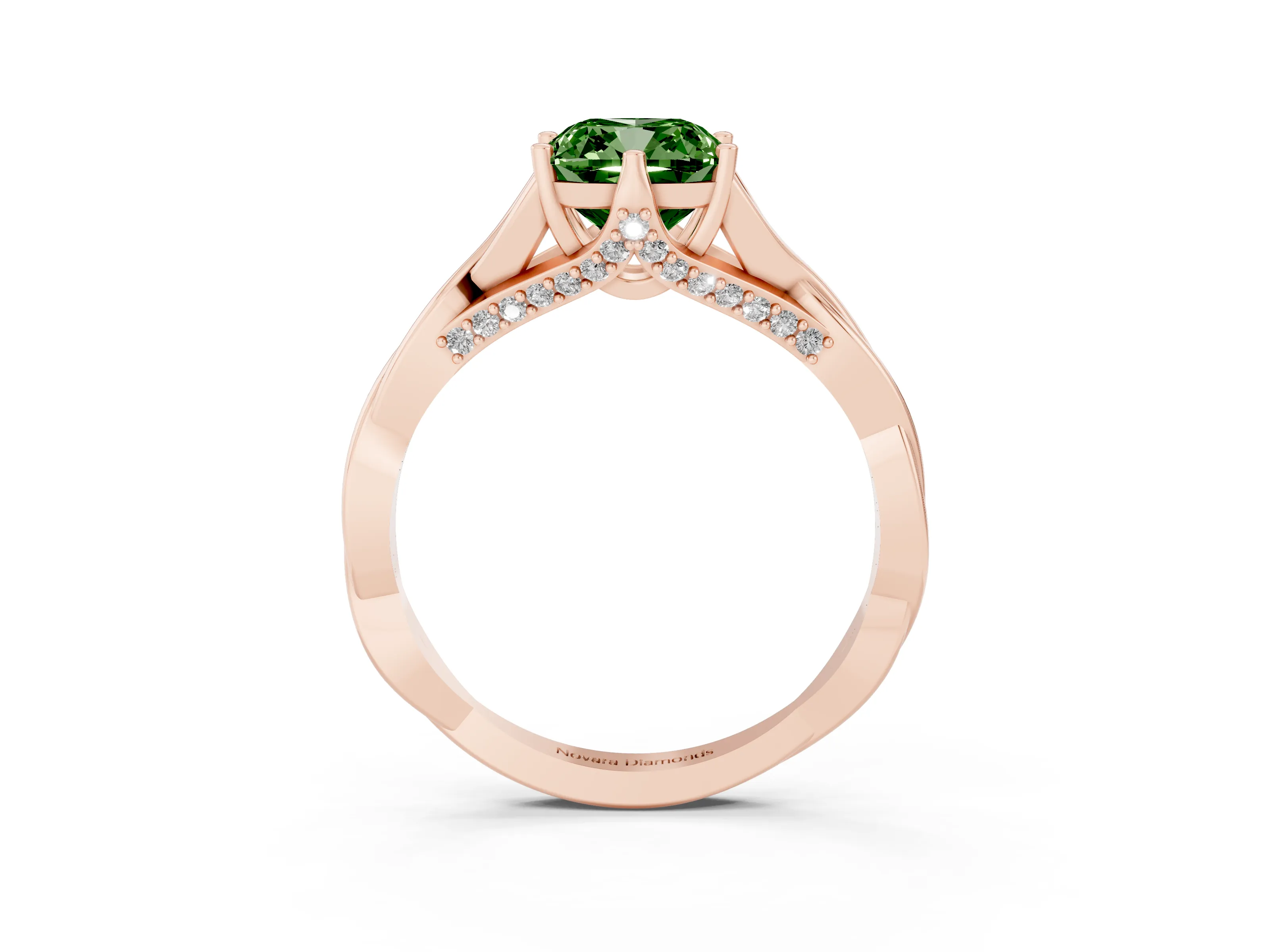 Fancy Green Cushion Cut Diamond Intertwined Twist Band Solitaire Ring Set in Rose gold with Prong Setting