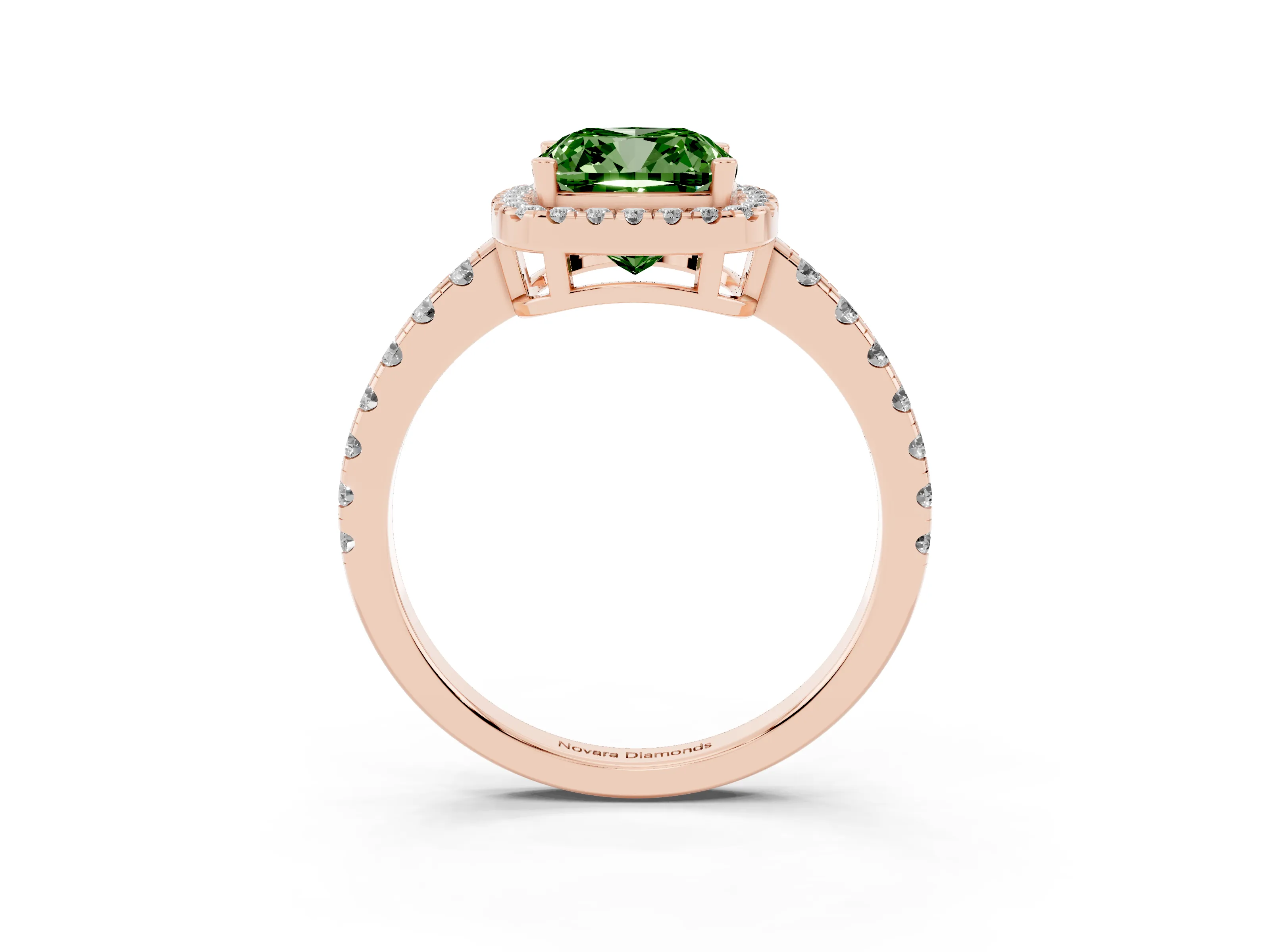 Fancy Green Cushion Cut Diamond Halo Ring Set in Rose gold with Delicate Pavé Band and Prong Setting