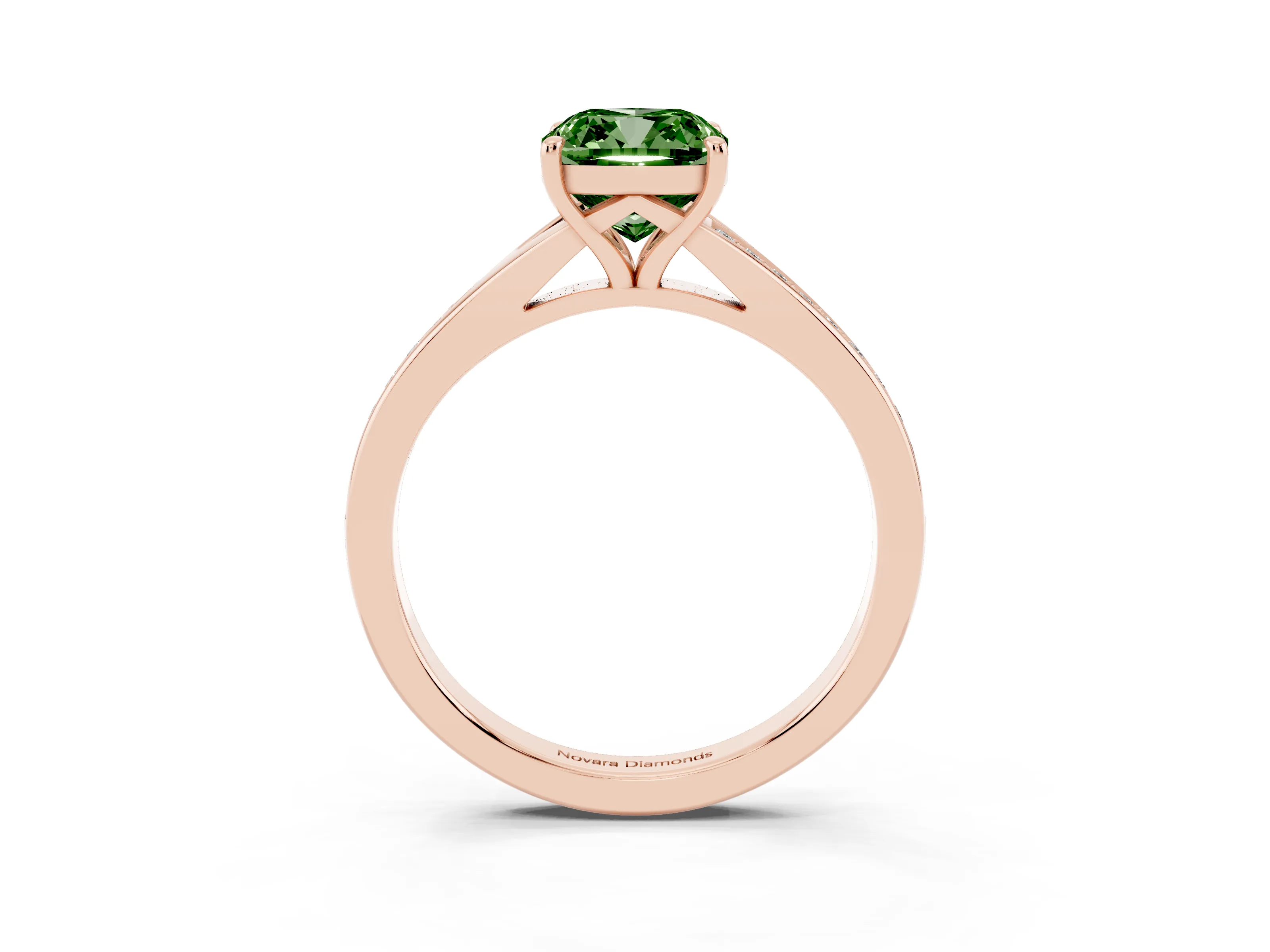 Fancy Green Cushion Cut Diamond Solitaire Ring Set in Rose gold with Pavé Accent Band and Classic Prong Setting