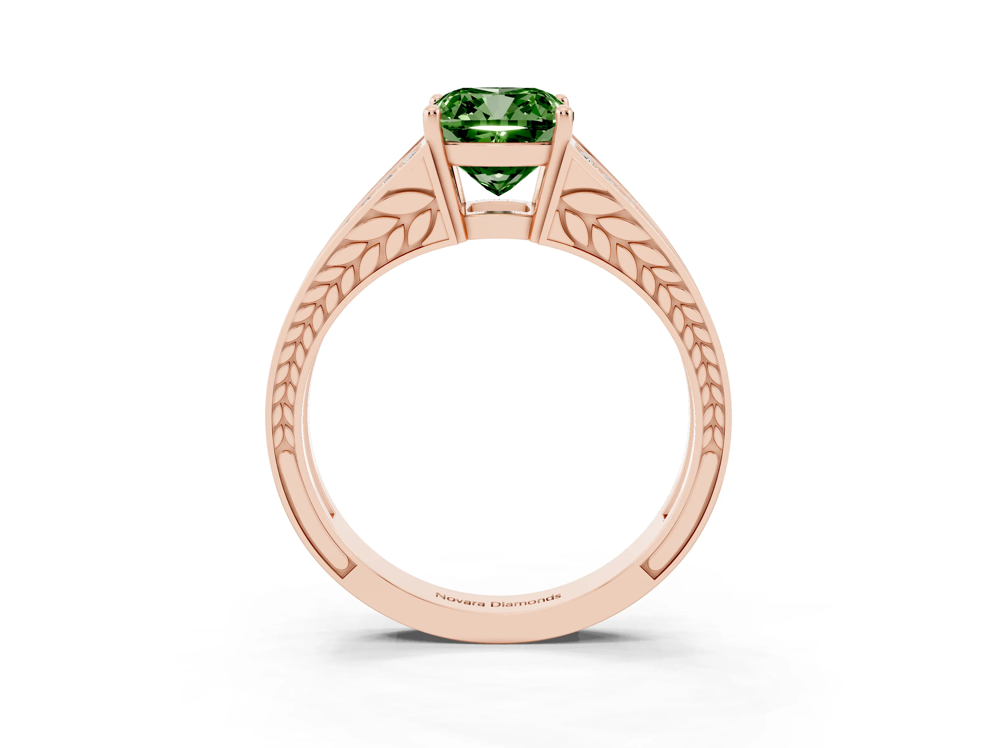 Fancy Green Cushion Cut Diamond Split Shank Ring Set in Rose gold with Pavé Band and Prong Setting