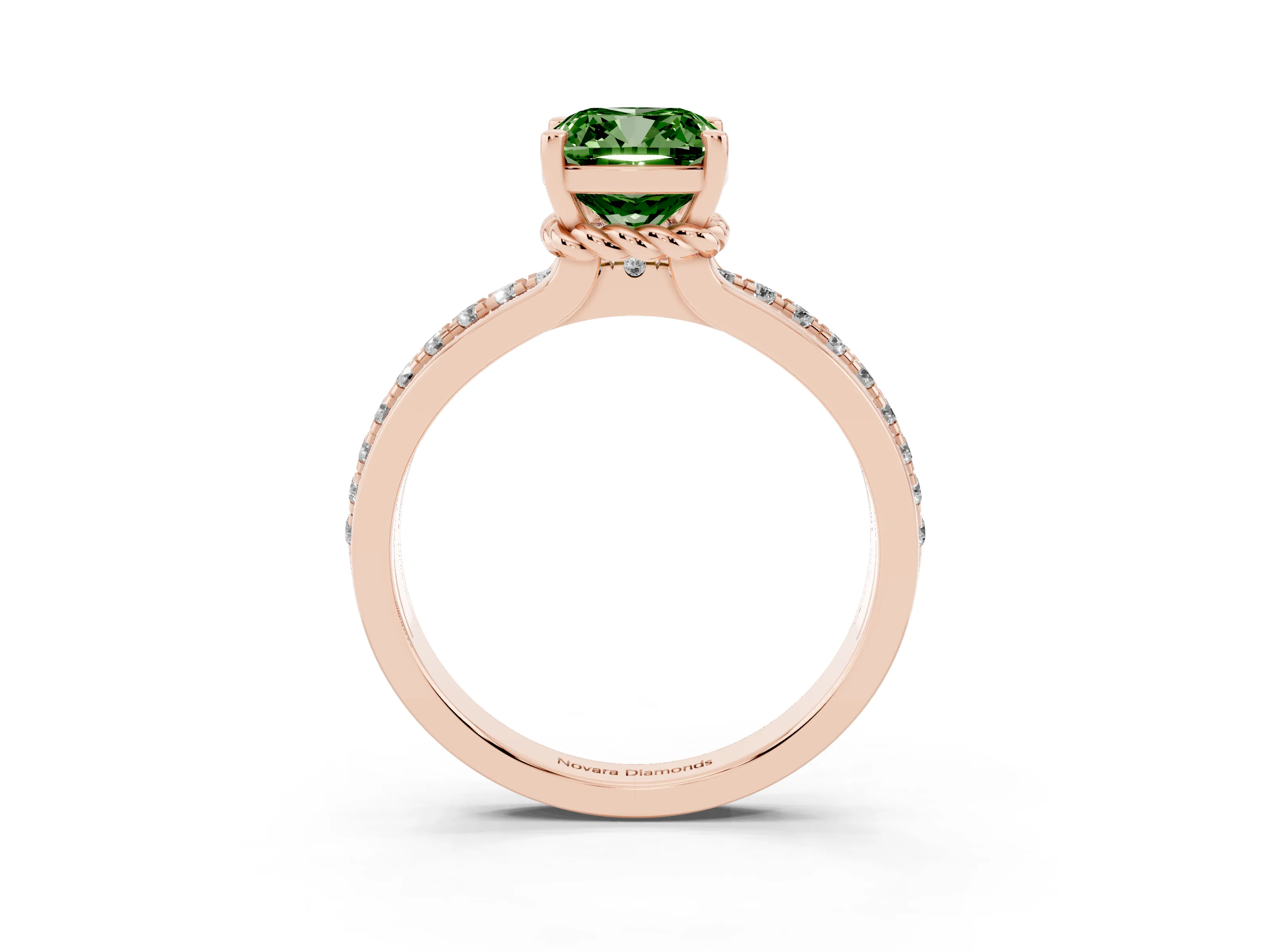 Fancy Green Cushion Cut Diamond Solitaire Ring Set in Rose gold with Channel Set Band and Prong Setting