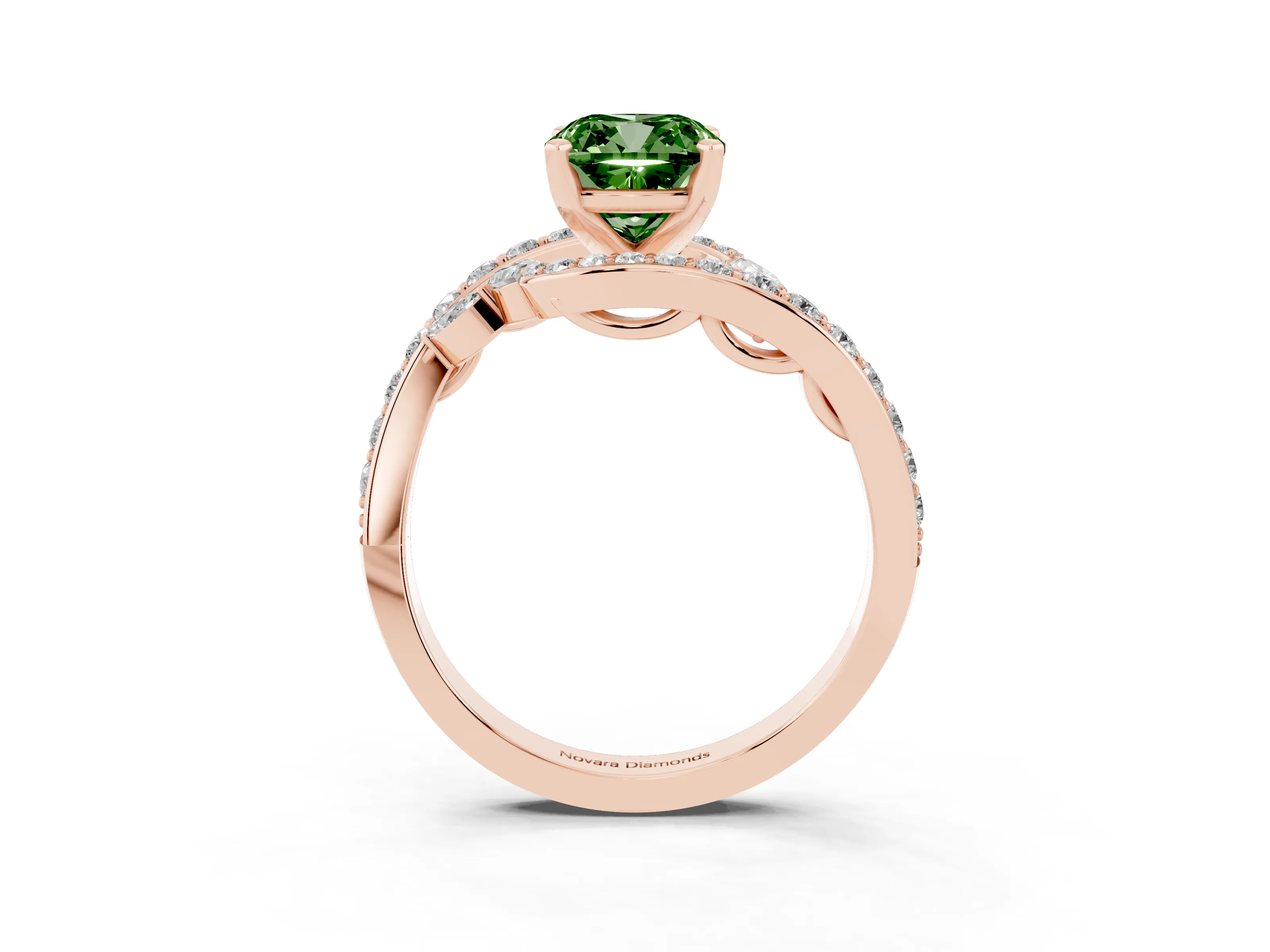 Fancy Green Cushion Cut Diamond Solitaire Ring Set in Rose gold with Filigree Band and Prong Setting