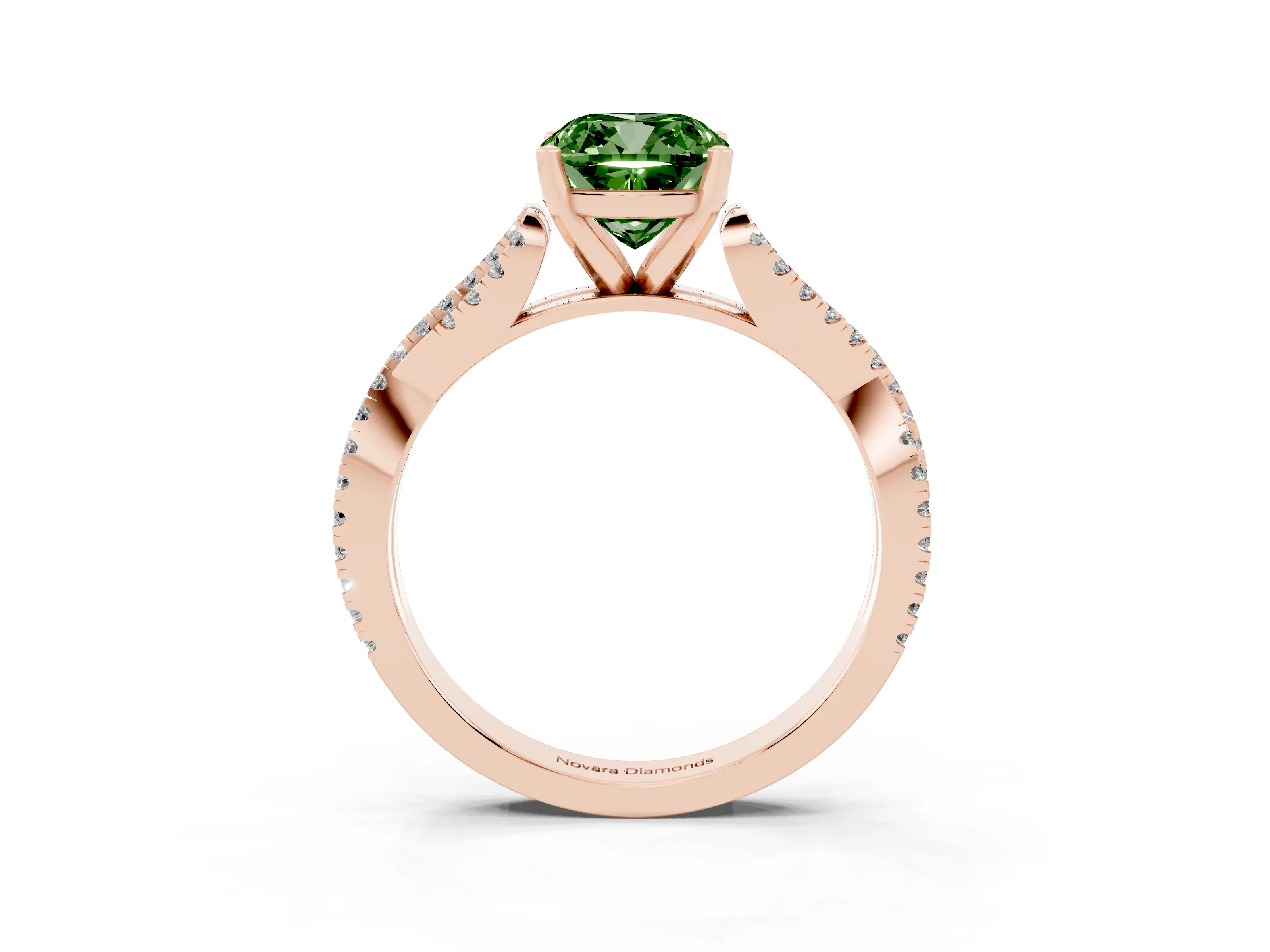 Fancy Green Cushion Cut Diamond Solitaire Engagement Ring Set in Rose gold with Twisted Pavé Band and Prong Setting