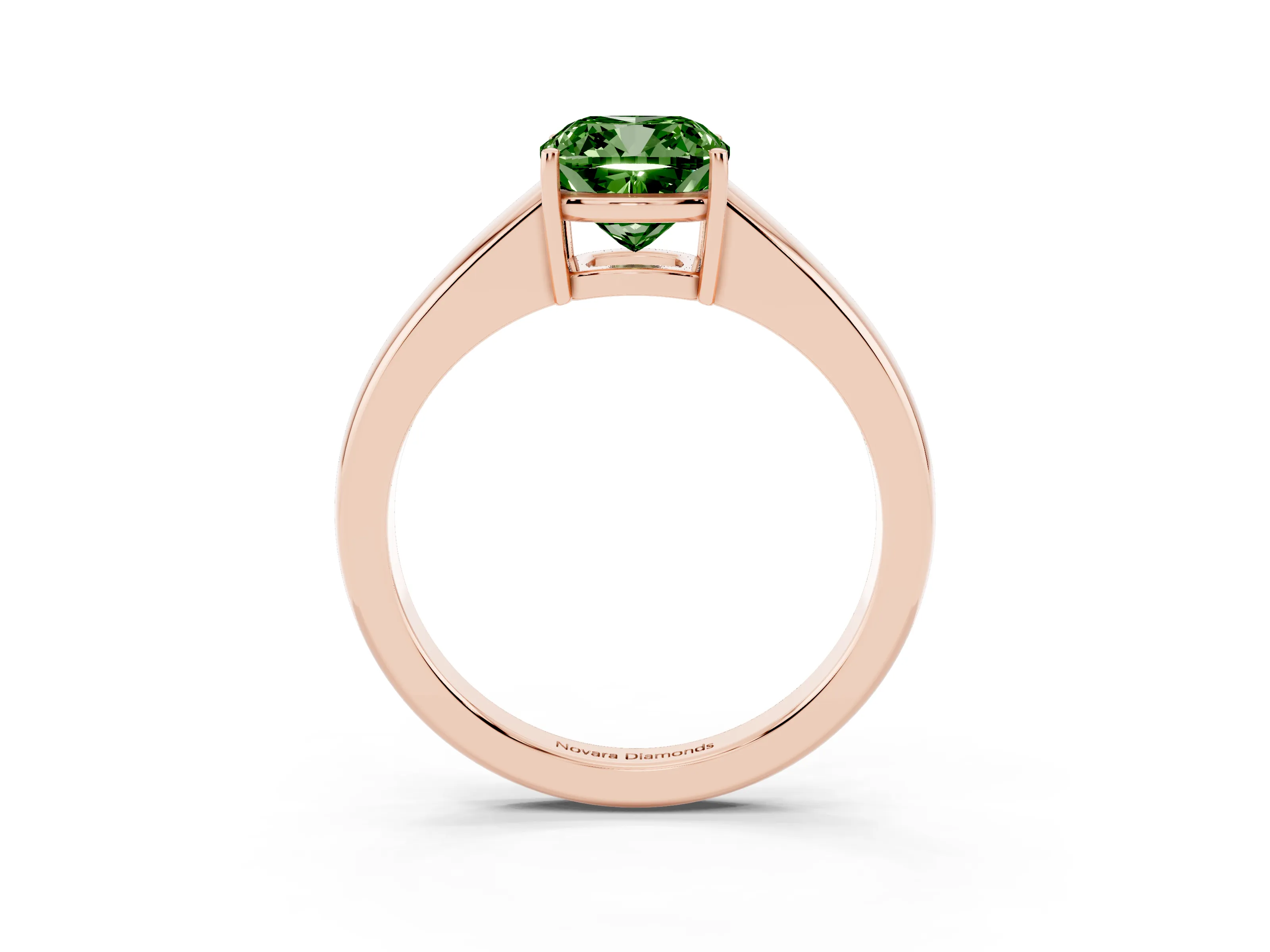 Fancy Green Cushion Cut Diamond Solitaire Ring Set in Rose gold with Tapered Band and Prong Setting