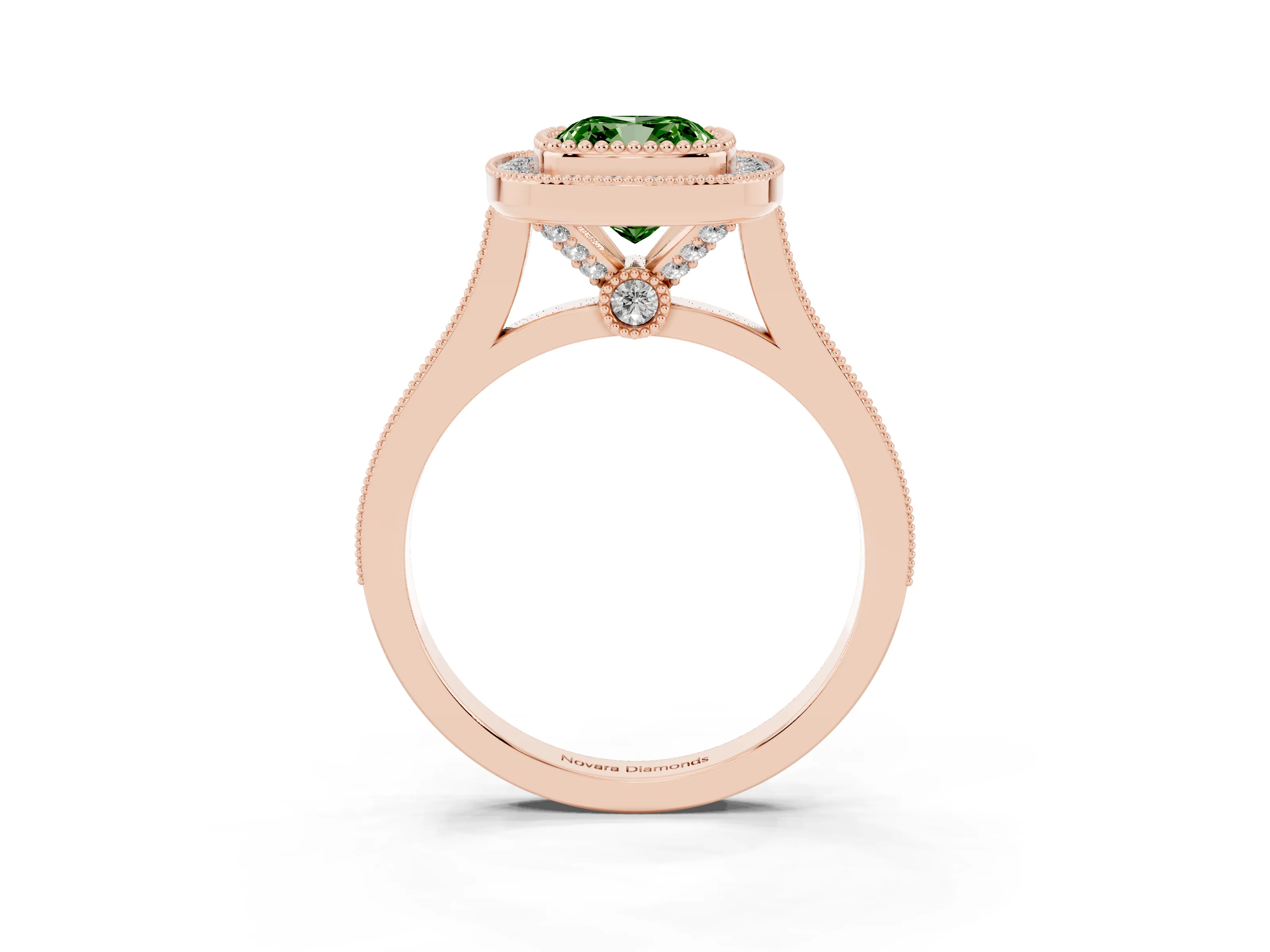 Fancy Green Cushion Cut Diamond Halo Ring Set in Rose gold with Milgrain Frame and Pavé Band