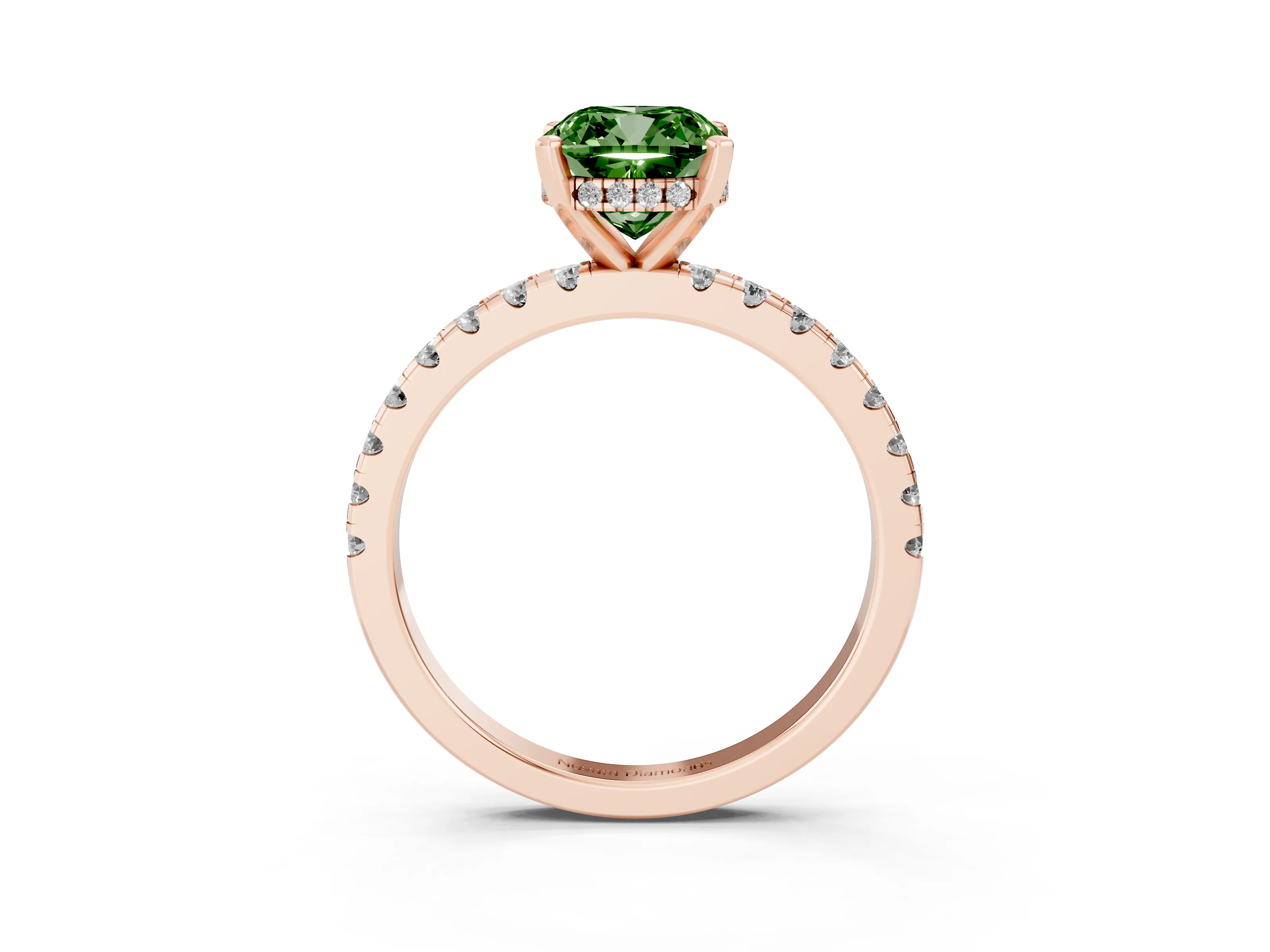 Fancy Green Cushion Cut Diamond Pavé Solitaire Ring Set in Rose gold with Round Band Accents and Prong Setting