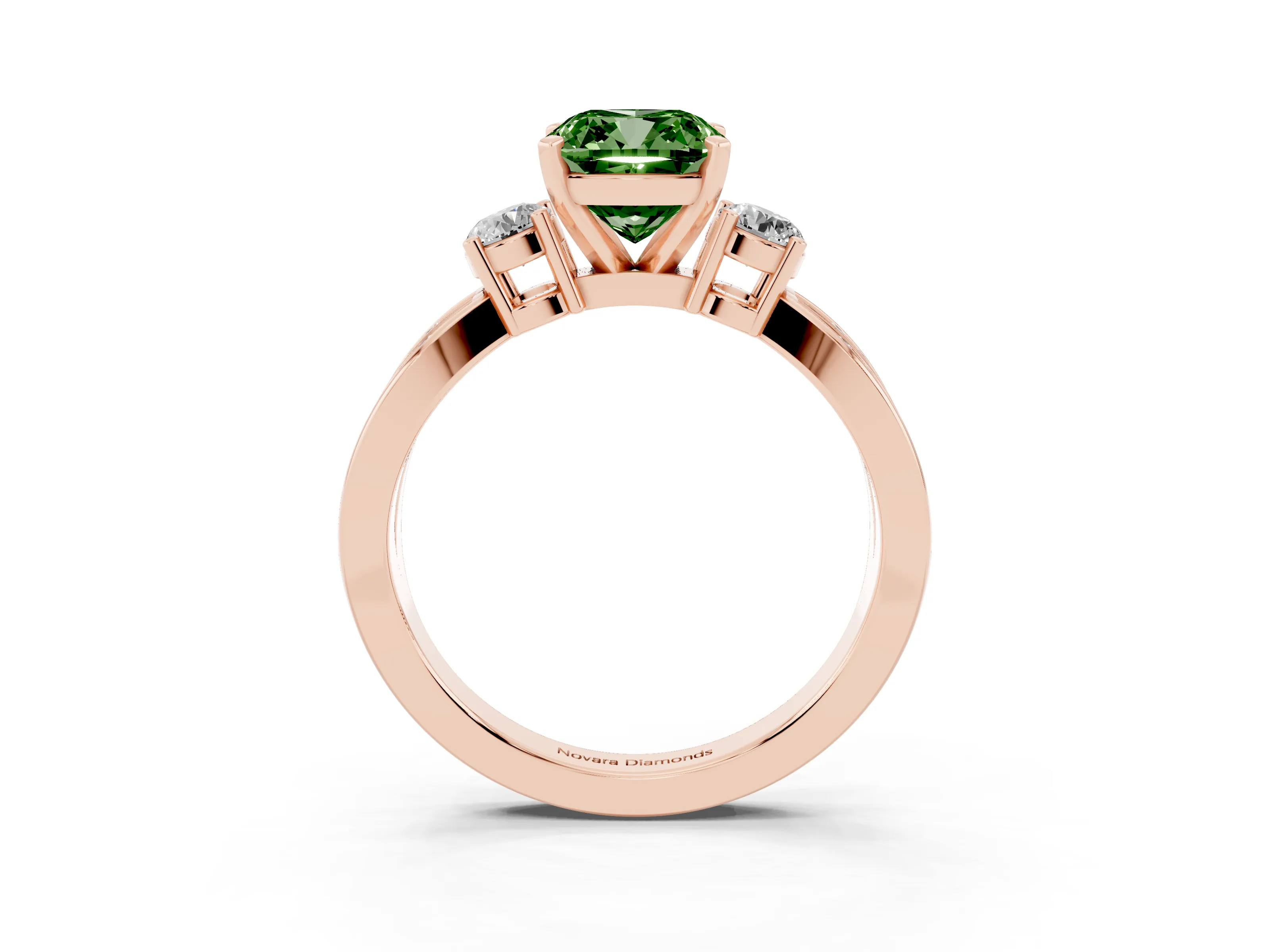 Fancy Green Three-Stone Cushion Cut Diamond Twist Band Ring Set in Rose gold with Pavé Accents and Prong Setting