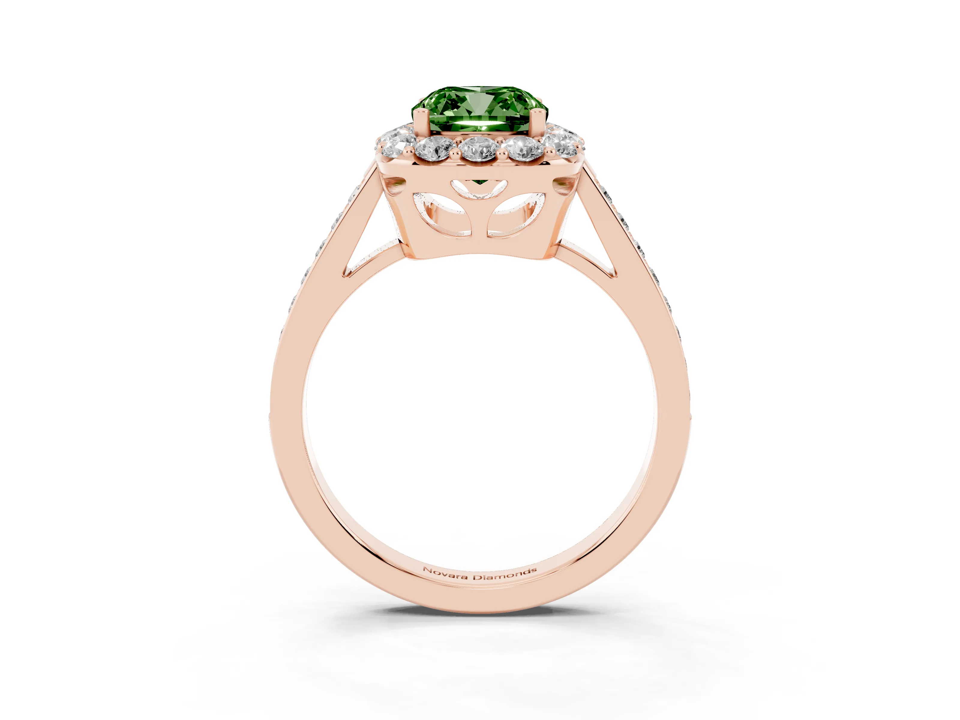 Fancy Green Cushion Cut Diamond Floral Halo Ring Set in Rose gold with Pavé Band and Prong Setting