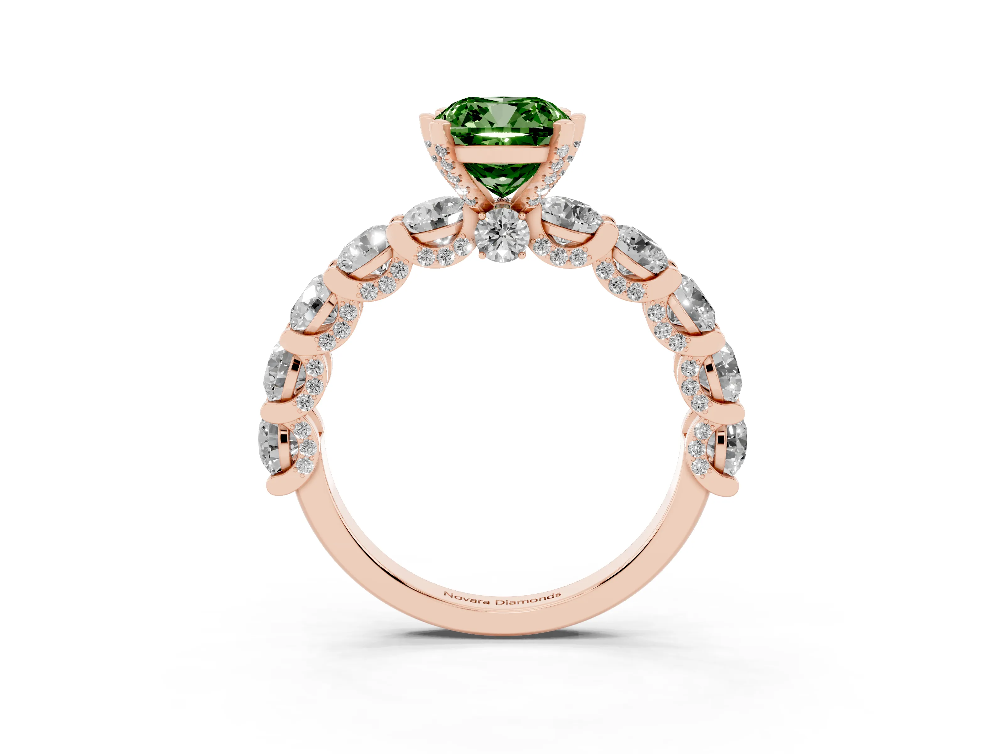 Fancy Green Cushion Cut Diamond Side Stone Ring Set in Rose gold with Alternating Round and Oval Side Stones