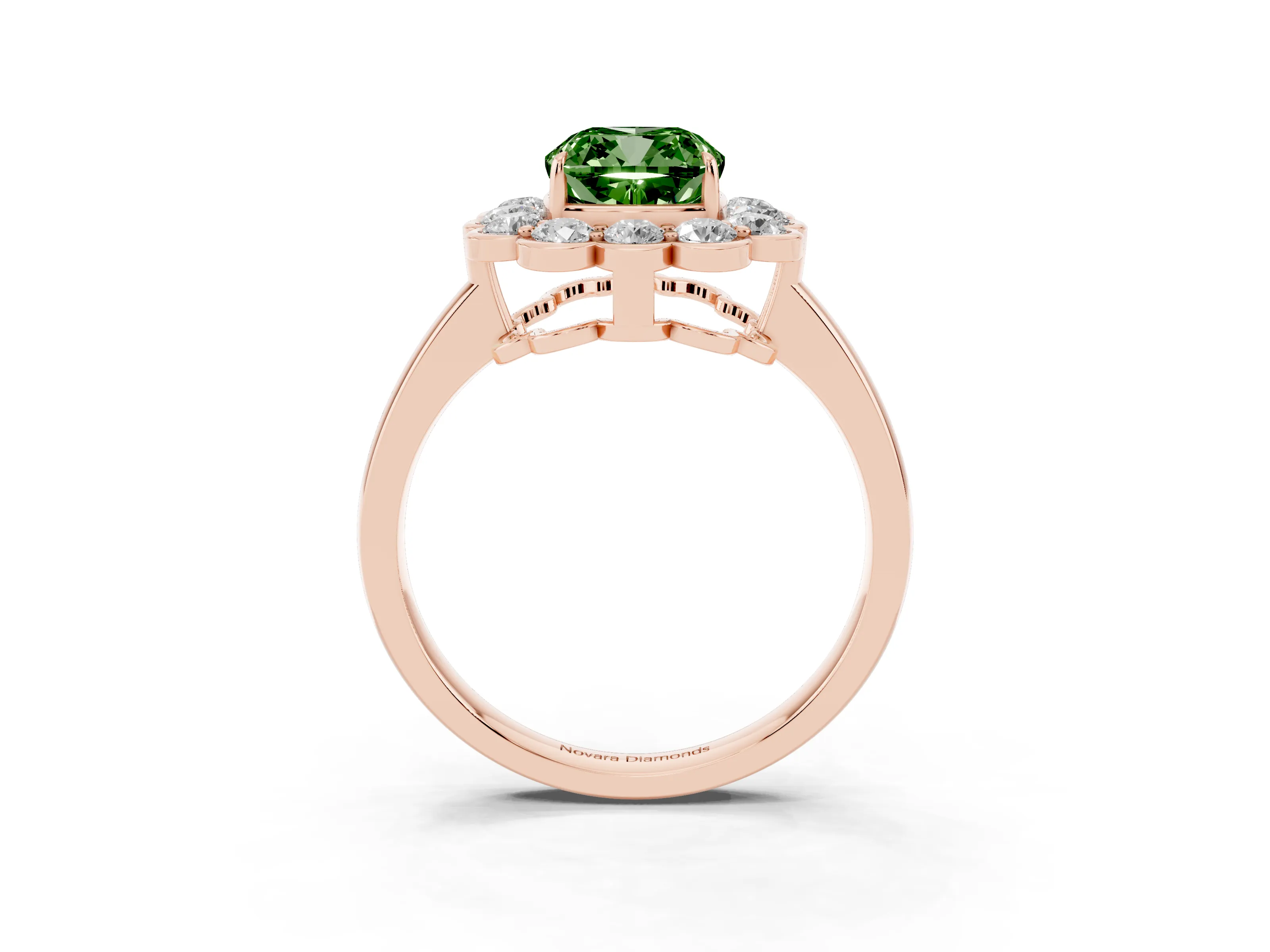 Fancy Green Cushion Cut Diamond Halo Cluster Engagement Ring Set in Rose gold with Solitaire Band and Prong Setting