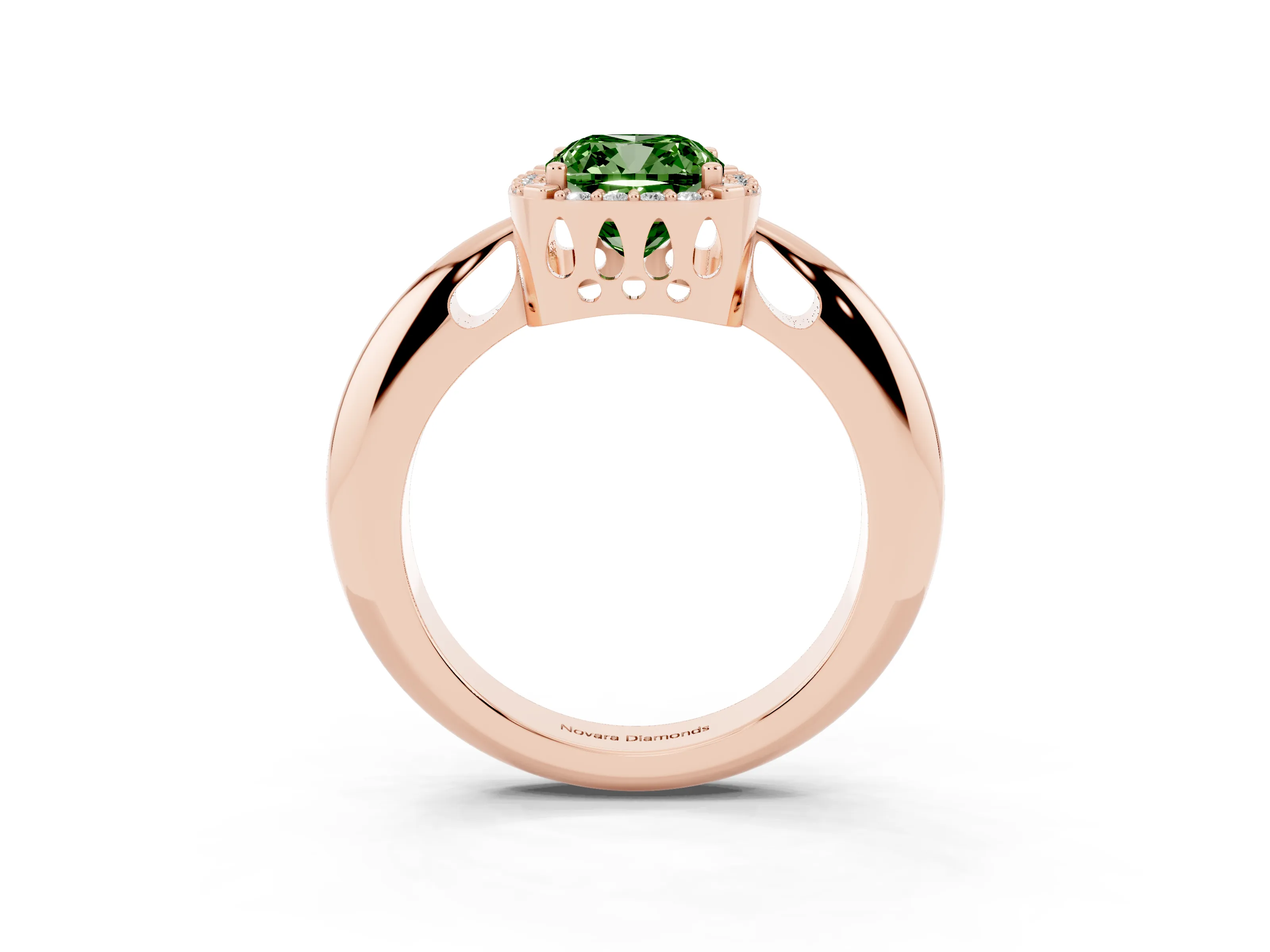 Fancy Green Cushion Cut Diamond Halo Engagement Ring Set in Rose gold with Plain Split Shank and Prong Setting