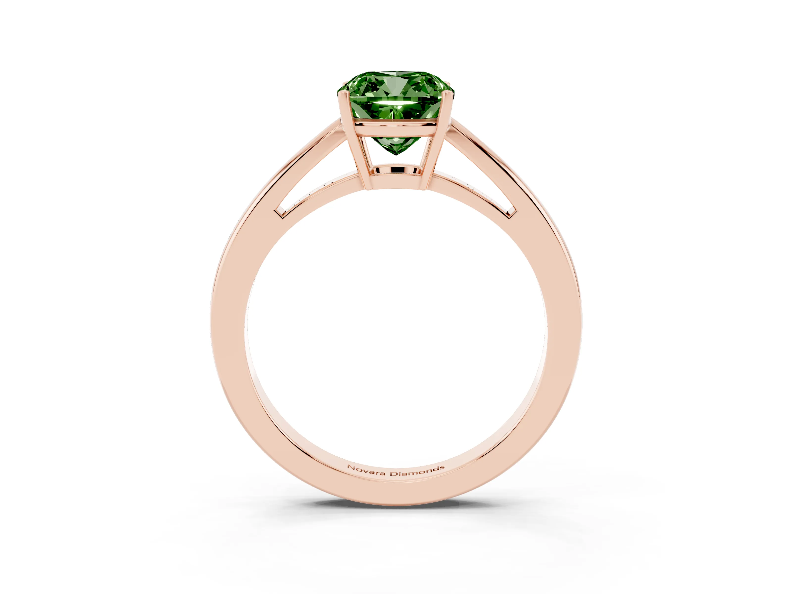 Fancy Green Cushion Cut Diamond Solitaire Ring Set in Rose gold with Split Shank and Prong Setting
