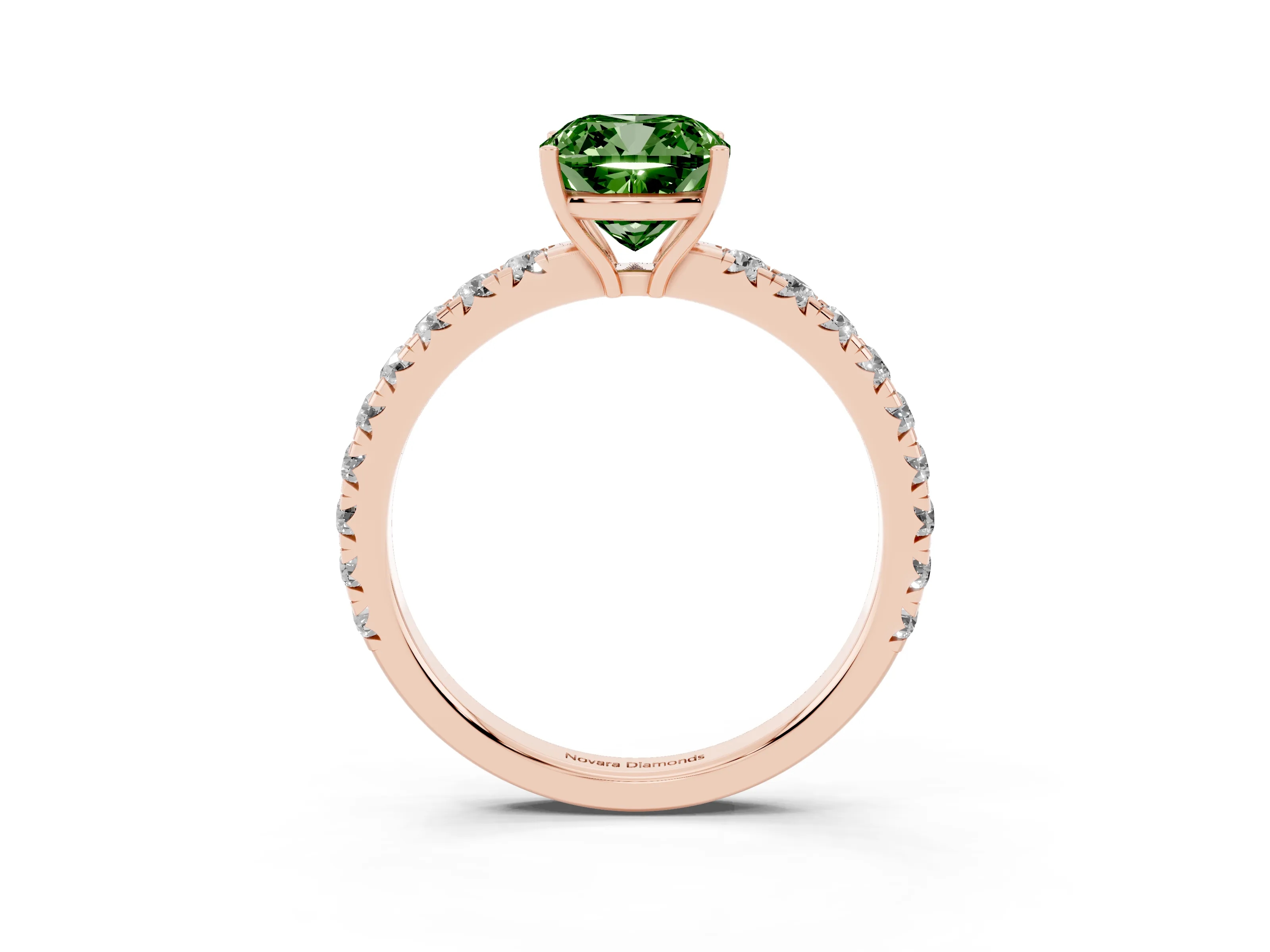 Fancy Green Cushion Cut Diamond Pavé Solitaire Engagement Ring Set in Rose gold with Prong Setting