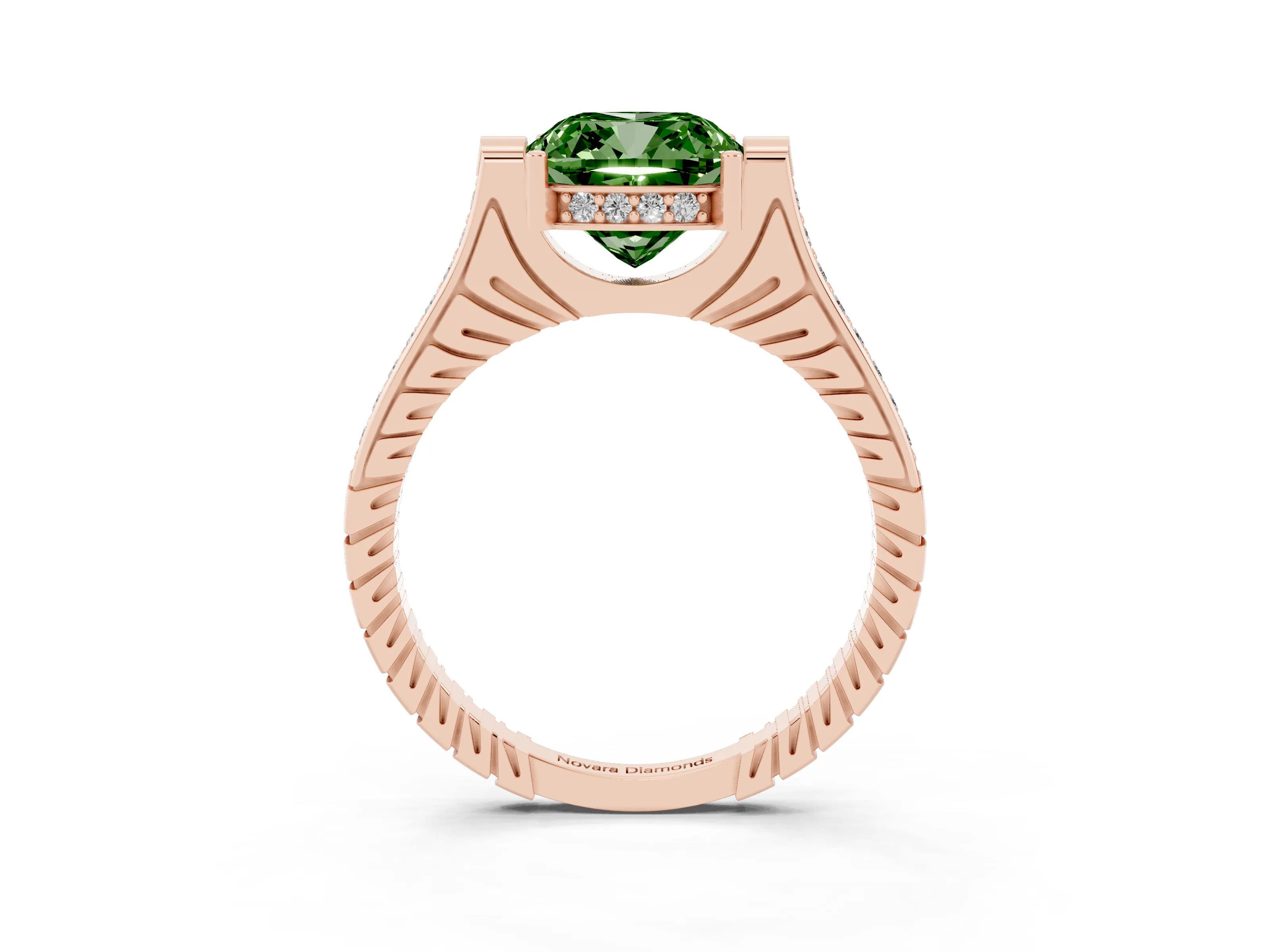 Fancy Green Cushion Cut Diamond Solitaire Ring Set in Rose gold with Channel Set Band and Bezel Prong Setting