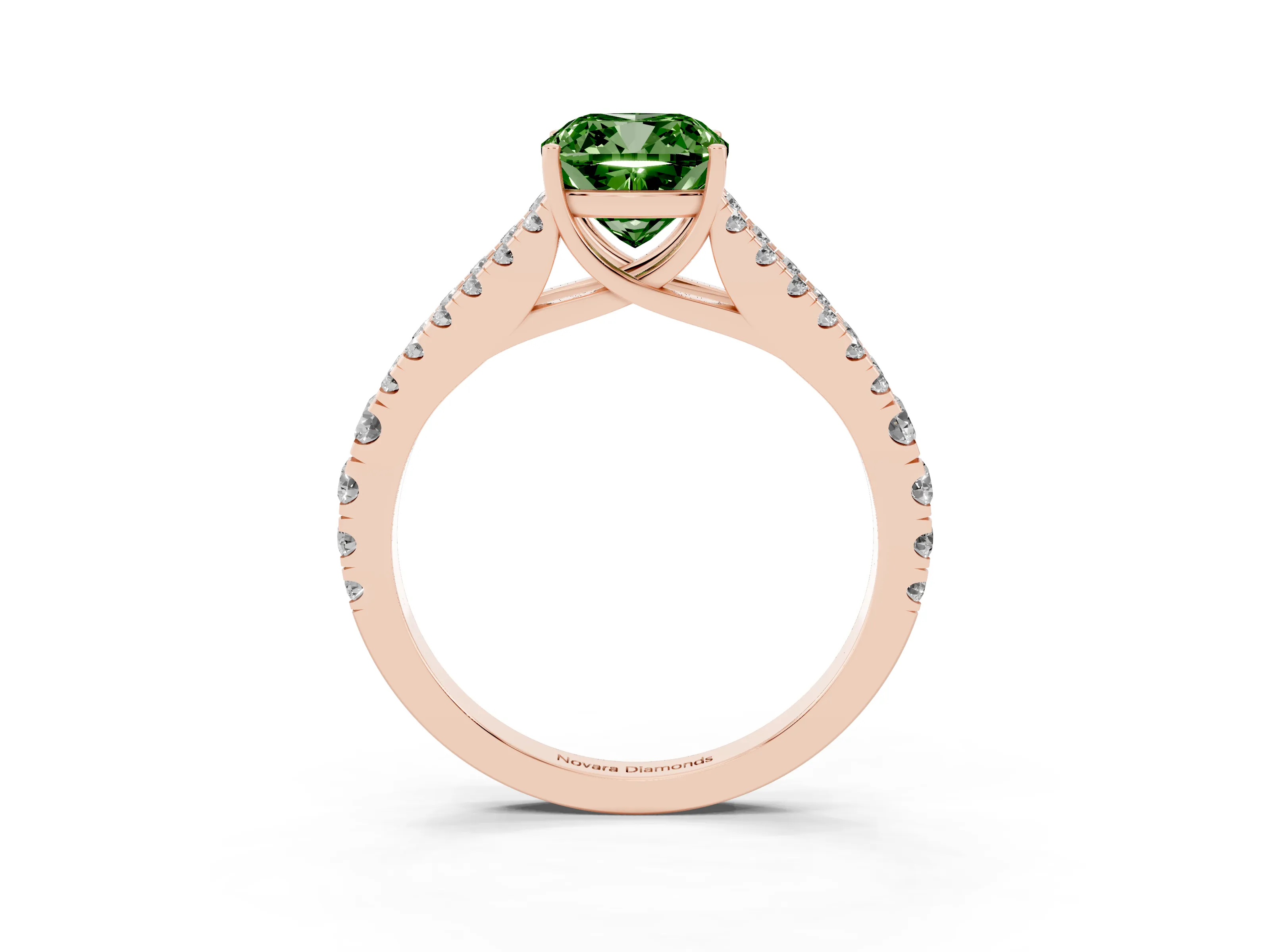 Fancy Green Cushion Cut Diamond Split Shank Pavé Engagement Ring Set in Rose gold with Prong-Held Center Stone