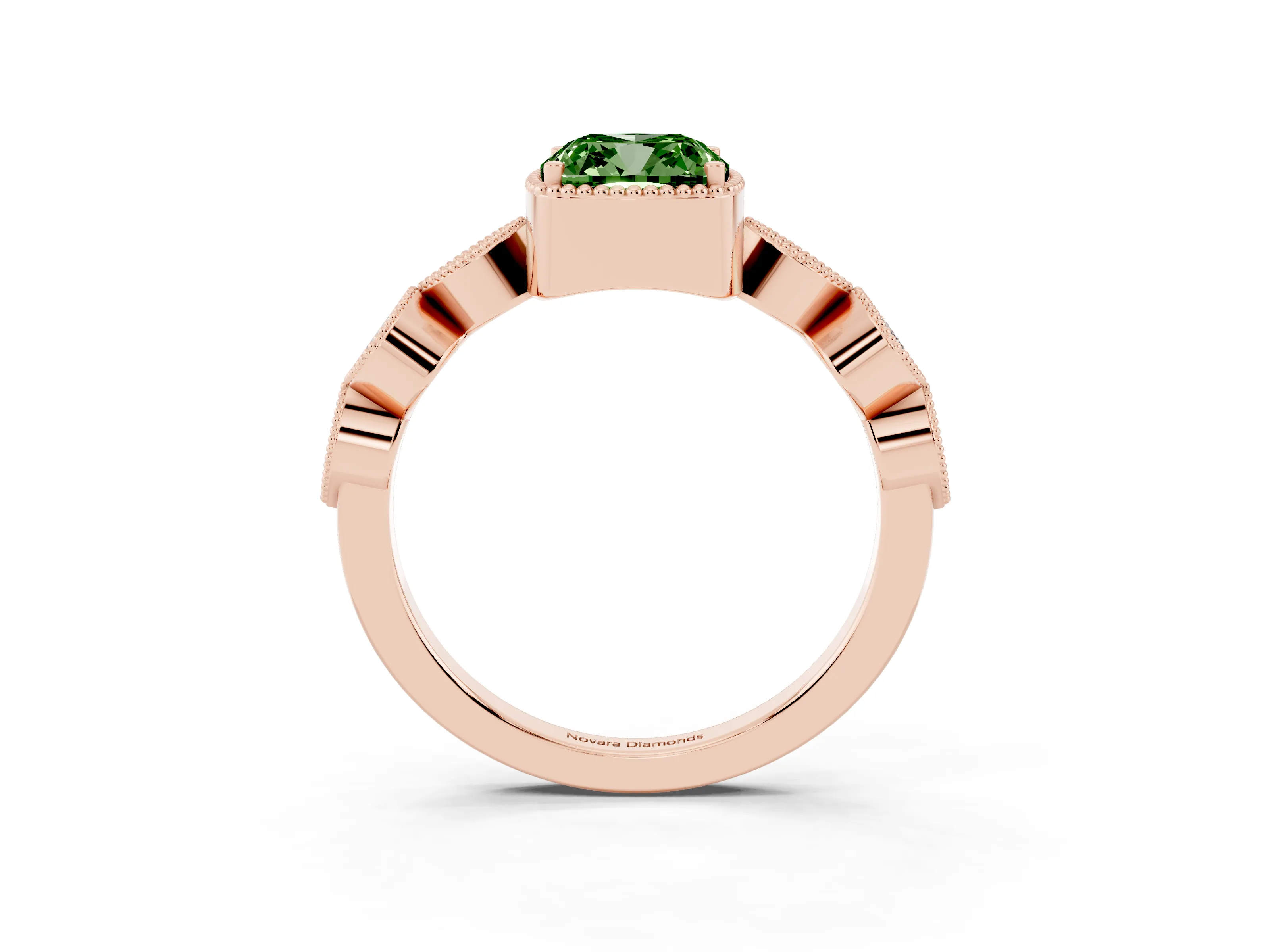 Fancy Green Cushion Cut Diamond Vintage-Inspired Milgrain Ring Set in Rose gold with Marquise Stations of Round Accents