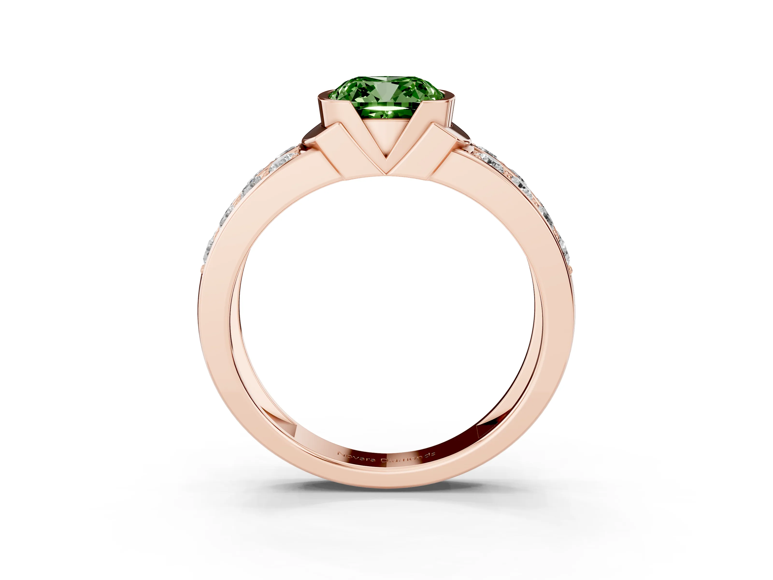 Fancy Green Cushion Cut Diamond Wide Channel Set Band Ring Set in Rose gold with Bezel Setting