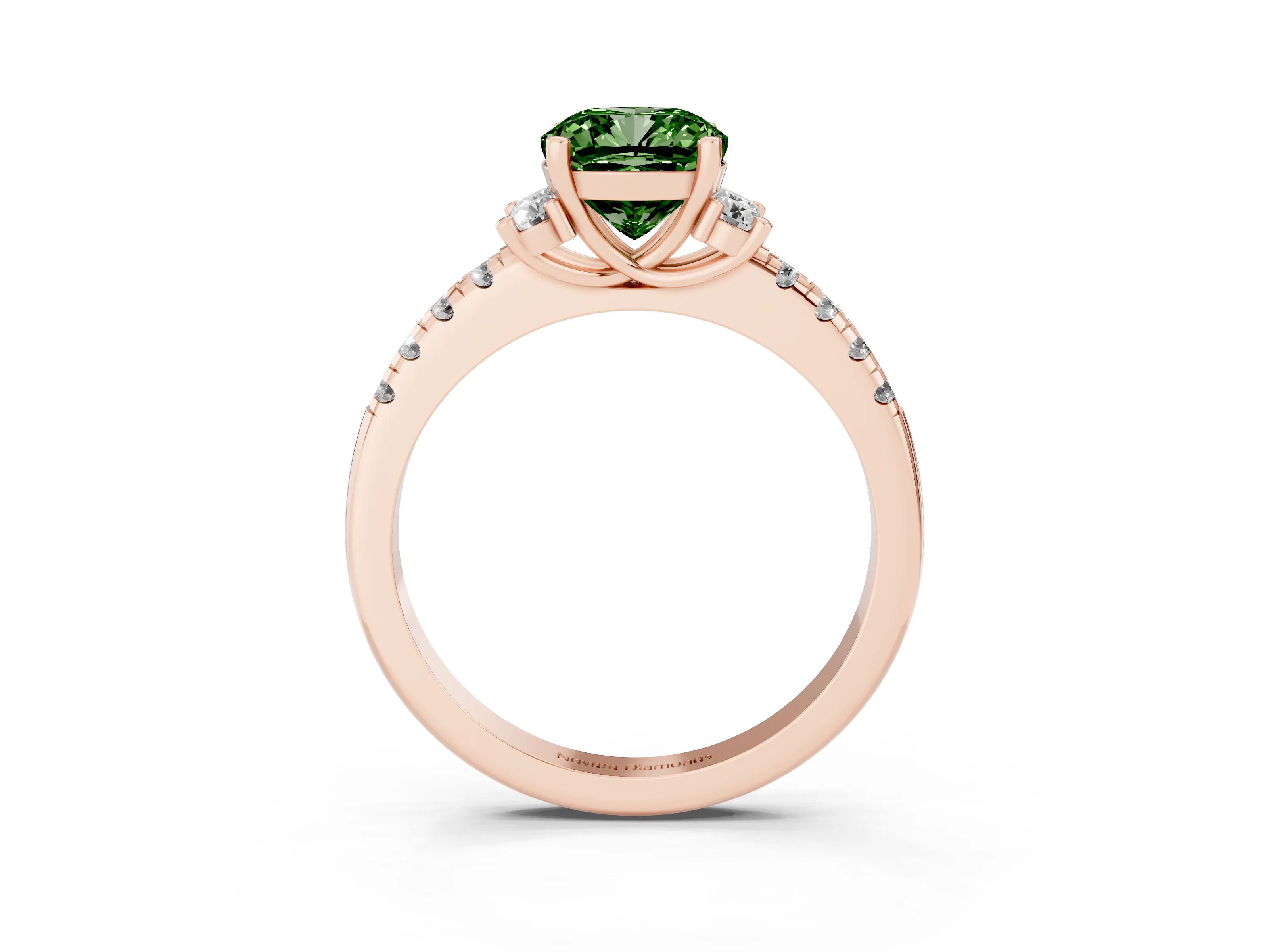Fancy Green Cushion Cut Diamond Three-Stone Pavé Ring Set in Rose gold with Prong Setting