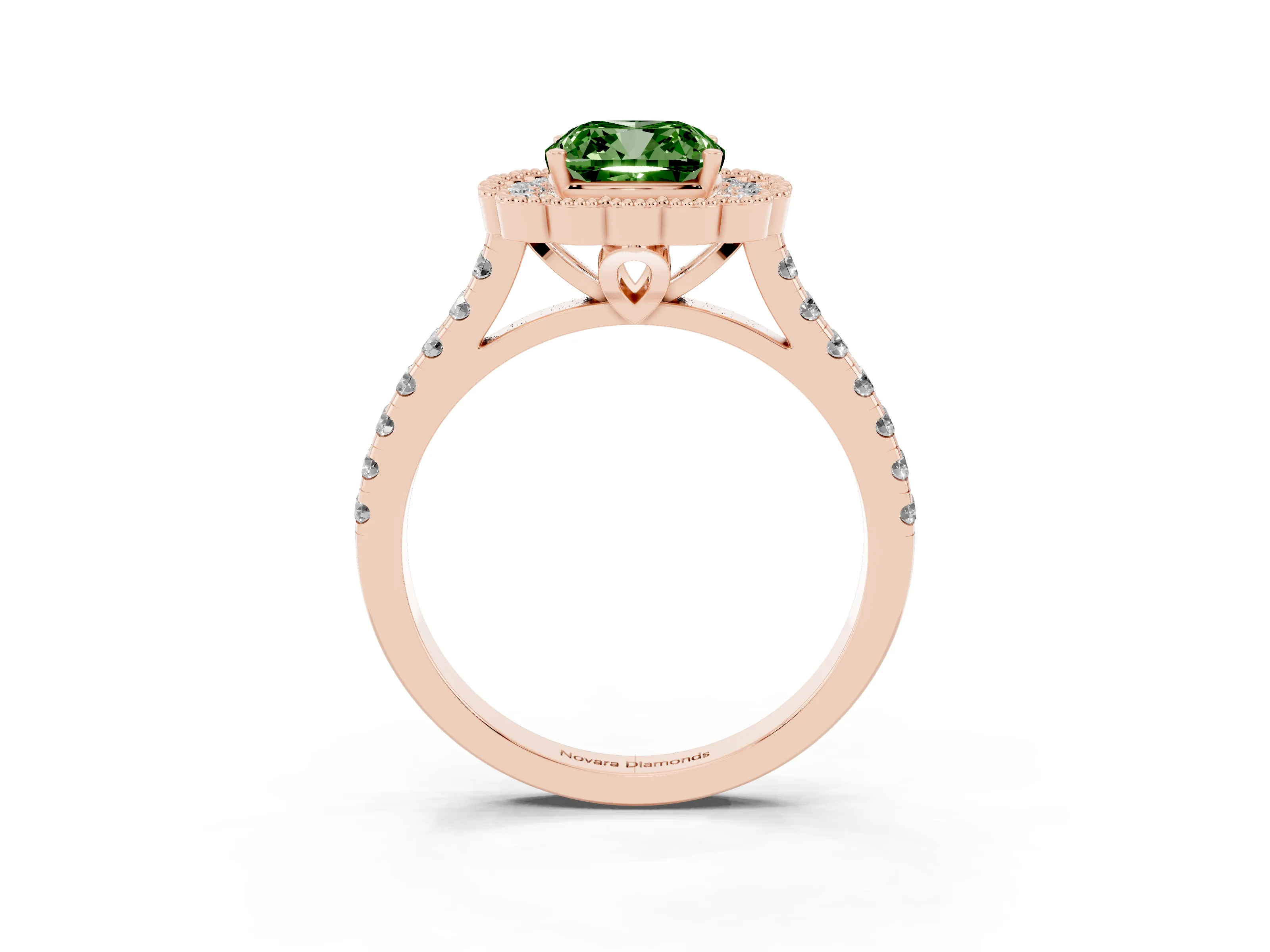 Fancy Green Cushion Cut Diamond Milgrain Floral Halo Engagement Ring Set in Rose gold with Pavé Band