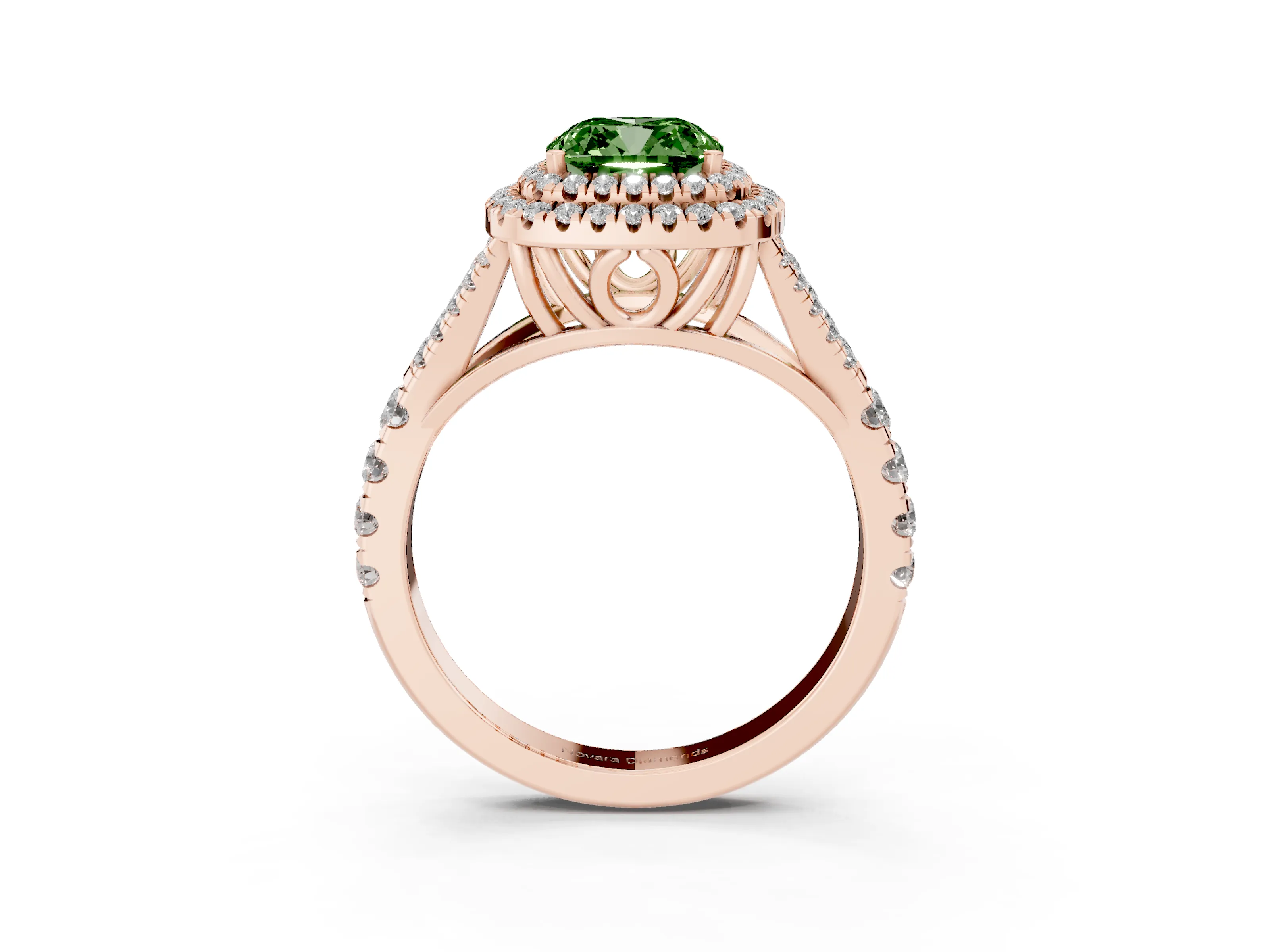 Fancy Green Cushion Cut Diamond Pavé Split Shank Double Halo Engagement Ring Set in Rose gold