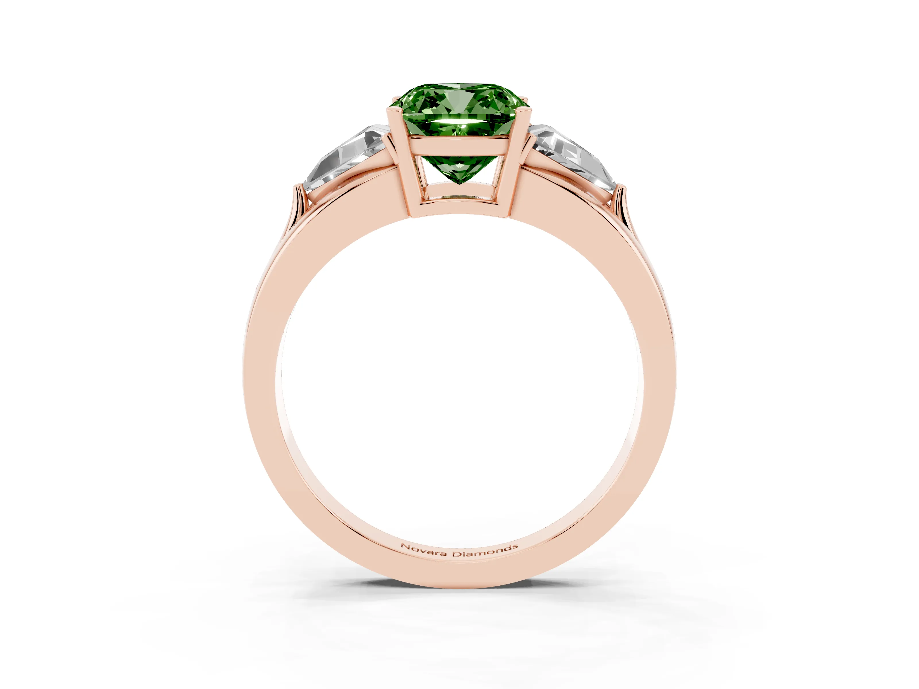 Fancy Green Cushion Cut Diamond Three-Stone Ring Set in Rose gold with Trillion Side Stones and Split Shank