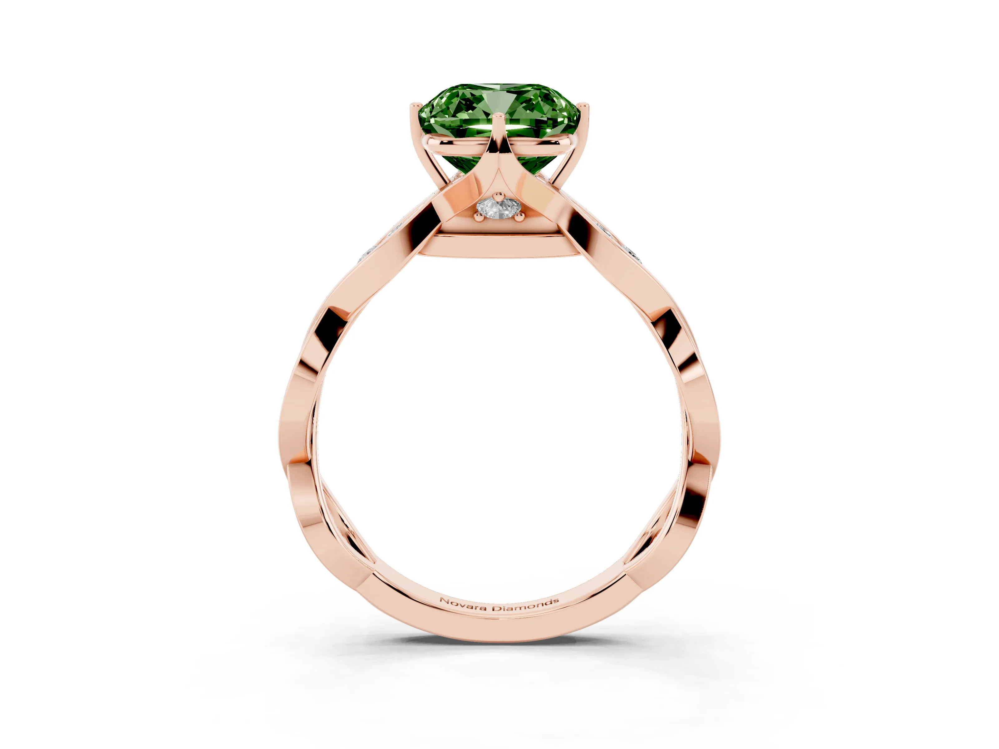 Fancy Green Cushion Cut Diamond Twist Band Solitaire Ring Set in Rose gold with Leaf Prong Setting and Accent Stones