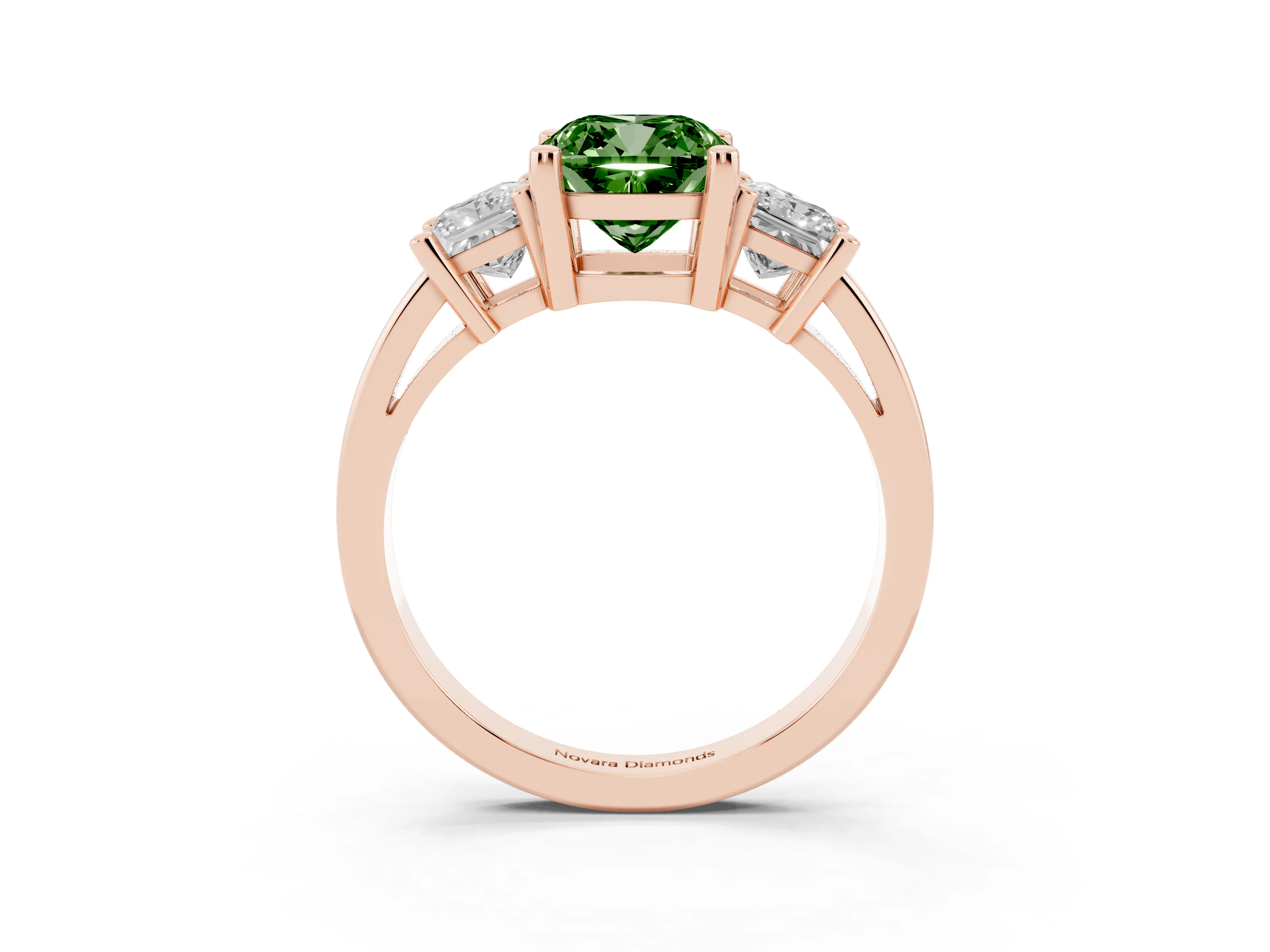Fancy Green Three-Stone Cushion Cut Diamond Solitaire Ring Set in Rose gold with Prong Setting