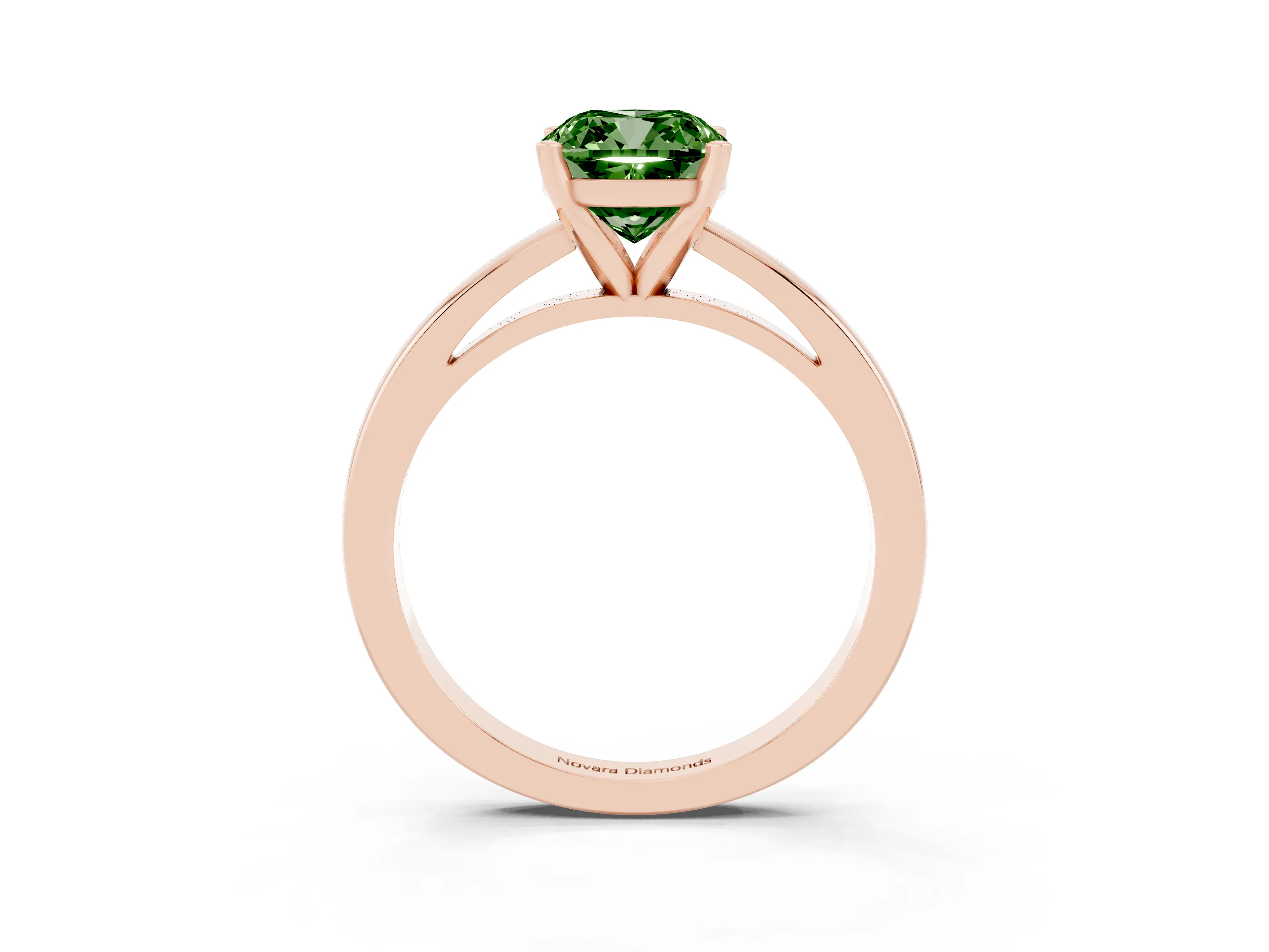 Fancy Green Cushion Cut Diamond Solitaire Engagement Ring Set in Rose gold with Prong Setting on a Classic Band