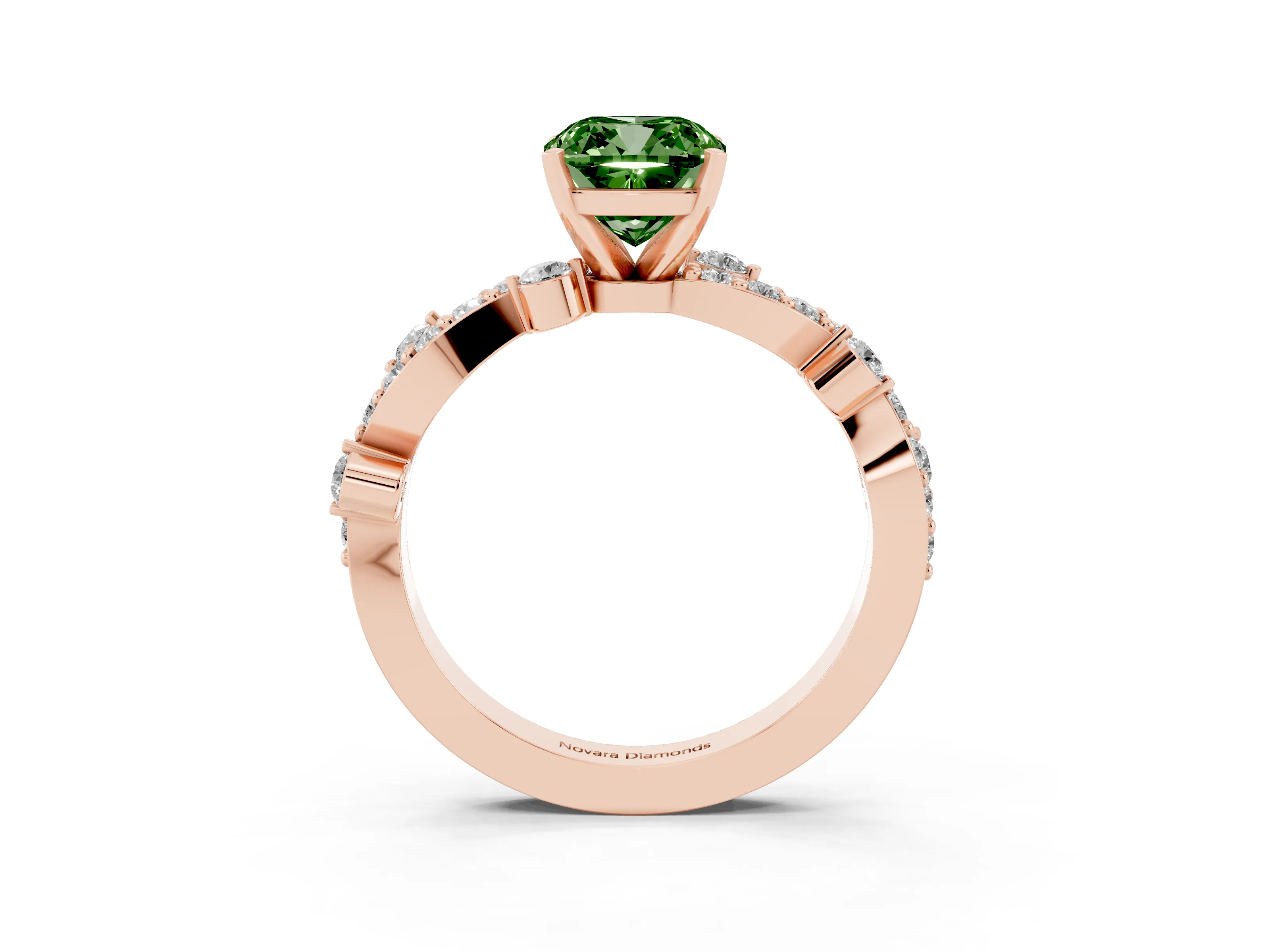 Fancy Green Cushion Cut Diamond Solitaire Twisted Band Set in Rose gold with Pavé Setting