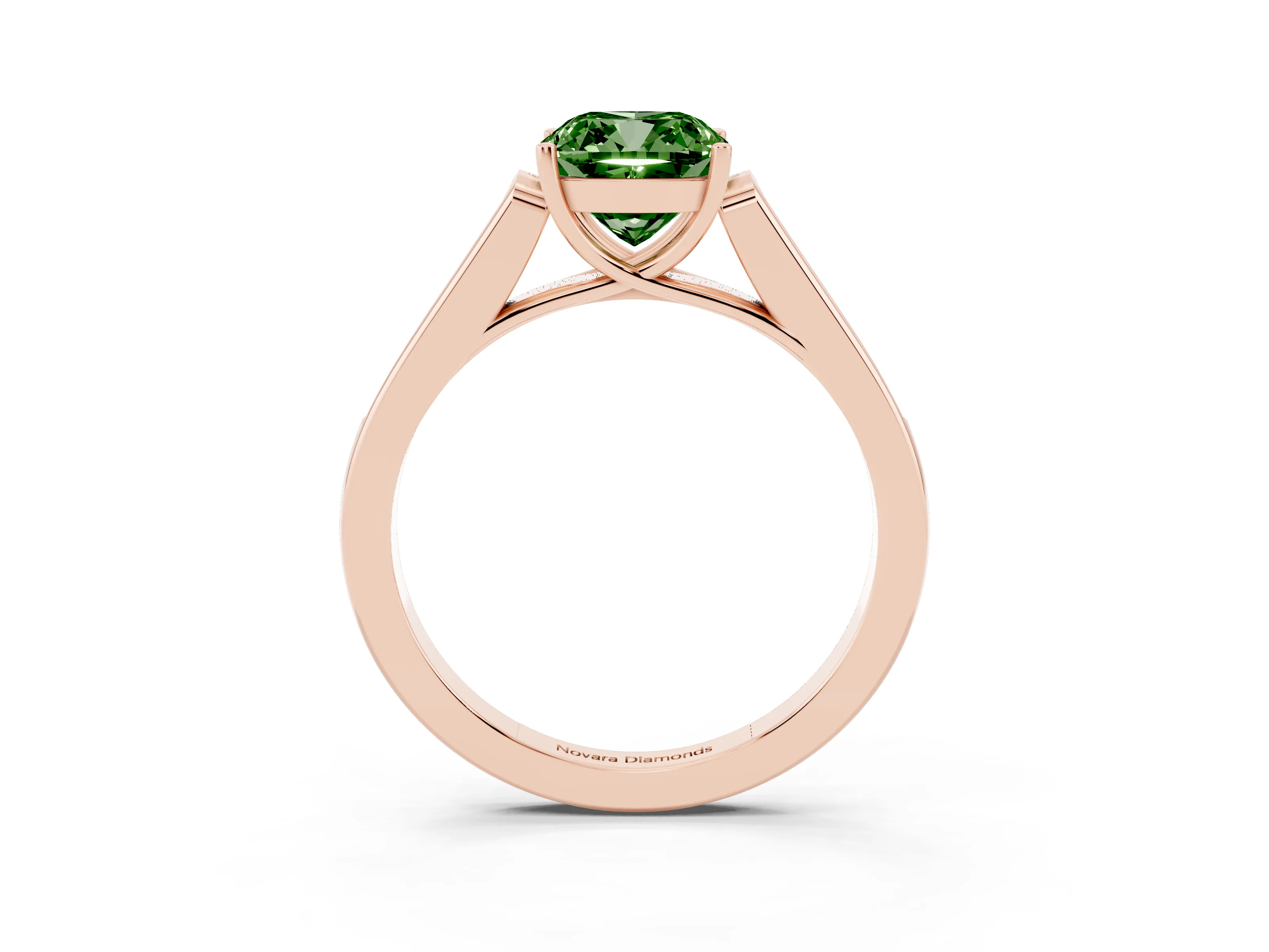 Fancy Green Cushion Cut Diamond Solitaire Cathedral Engagement Ring Set in Rose gold with Channel-Set Band and Prong Setting