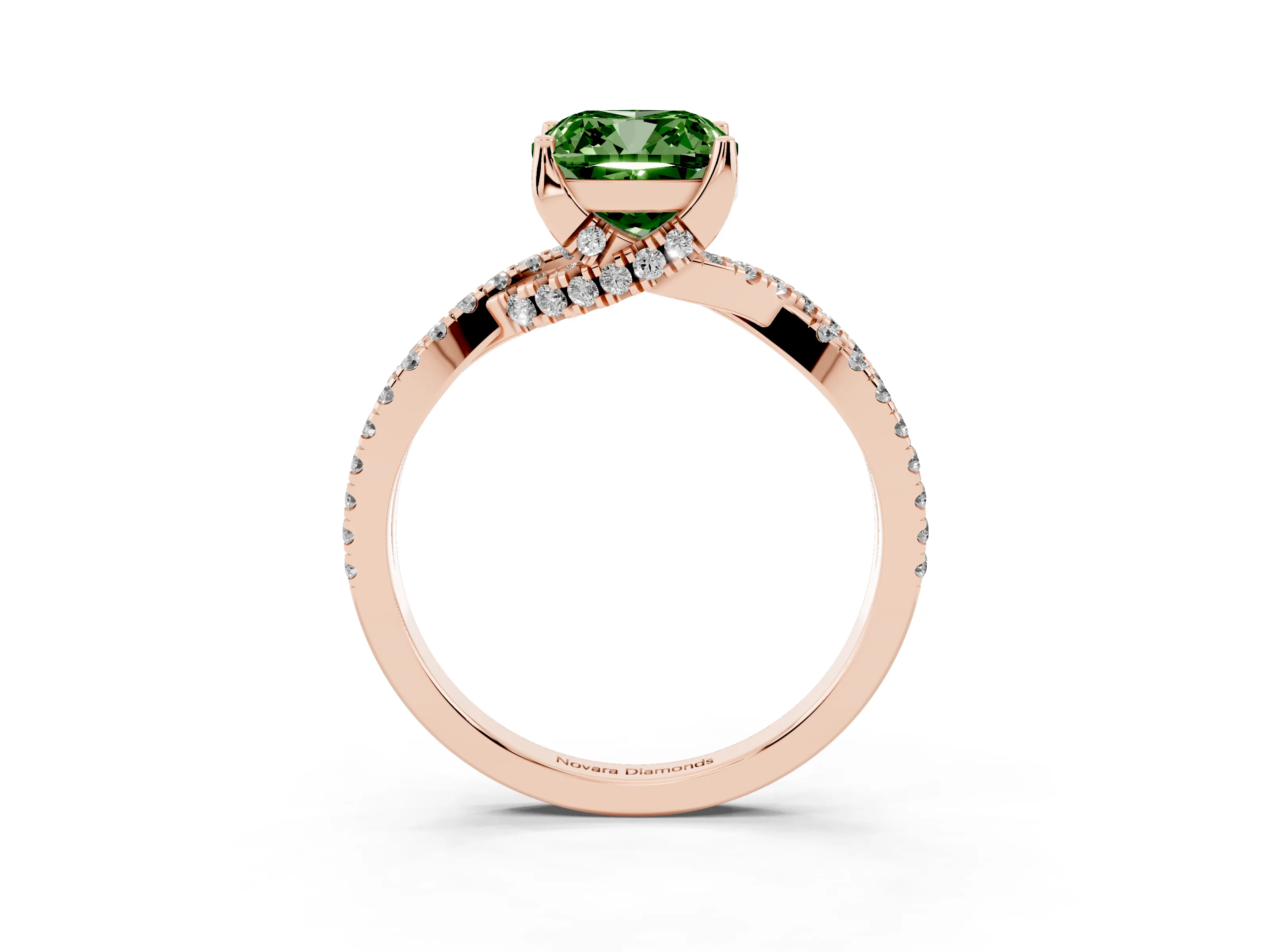 Fancy Green Cushion Cut Diamond Twist Pavé Solitaire Engagement Ring Set in Rose gold with Prong Setting