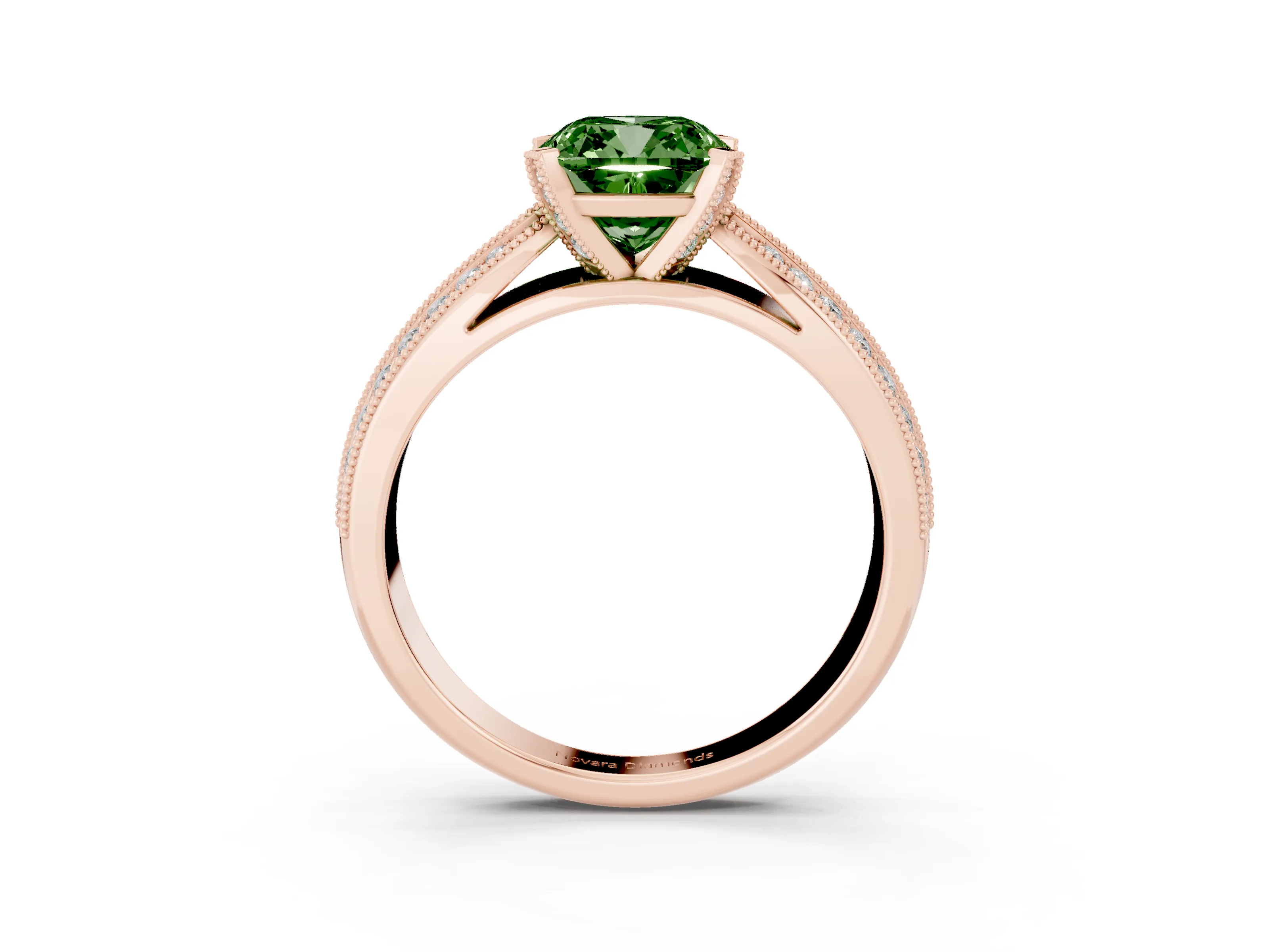 Fancy Green Cushion Cut Diamond Solitaire Ring Set in Rose gold with Milgrain Double Row Round Pavé Band