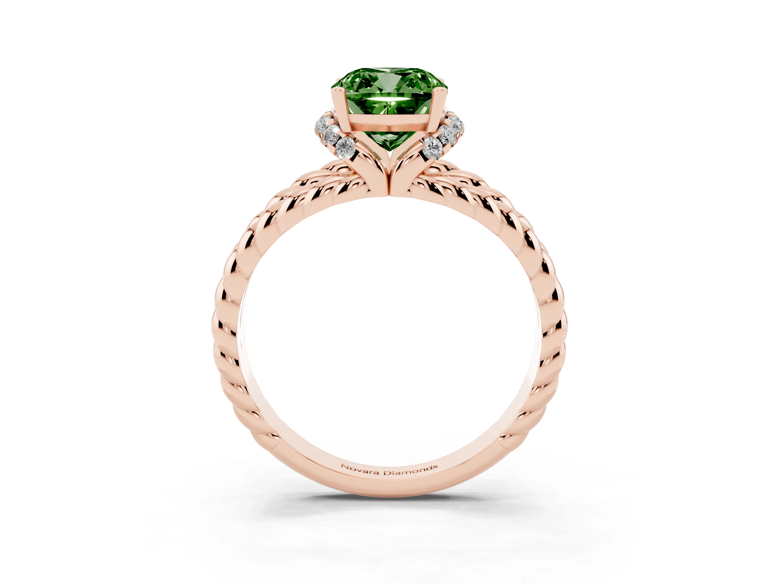 Fancy Green Cushion Cut Diamond Halo Ring Set in Rose gold with Twisted Band and Prong Setting